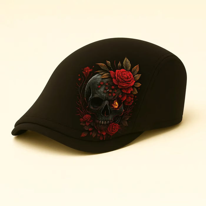 💀Handcrafted Skull & Thorn Flat Cap🎁Buy 2 Free Shipping - BLACK