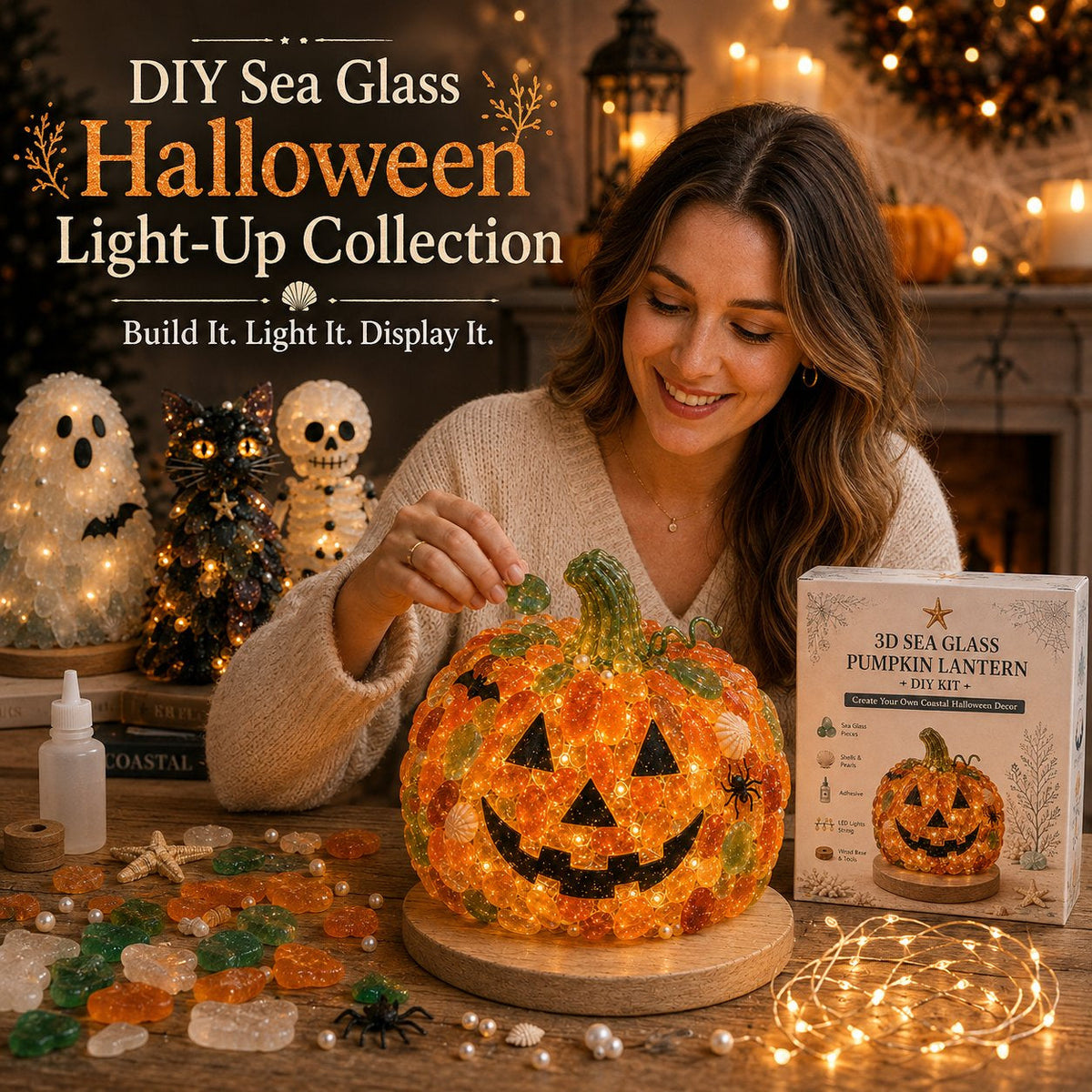🎃✨Beginner-Friendly DIY Lighted Sea Glass Halloween Character Kit Collection
