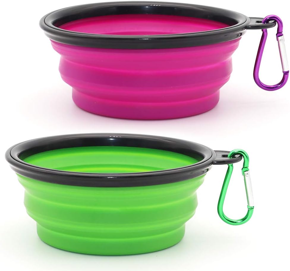 Dog Bowl Pet Collapsible Bowls, 2 Pack for Cats Dogs, Portable Pet Feeding Watering Dish for Walking Parking Traveling with 2 Carabiners (Small, Blue+Green)