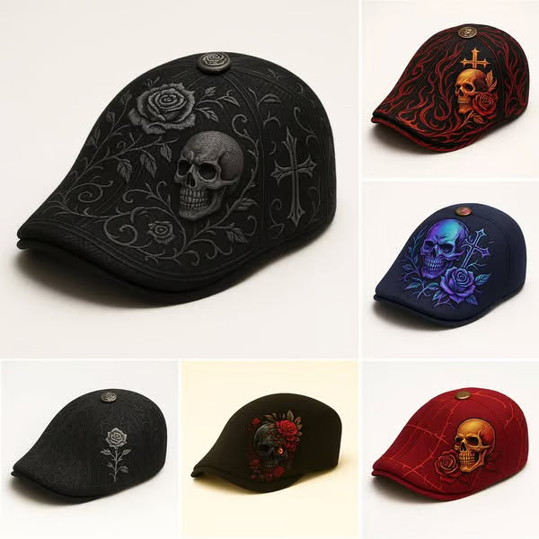 💀Handcrafted Skull & Thorn Flat Cap🎁Buy 2 Free Shipping - BLACK