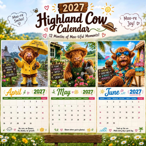 2027 Funny Highland Cow Wall Calendar | A4 Hanging Calendar