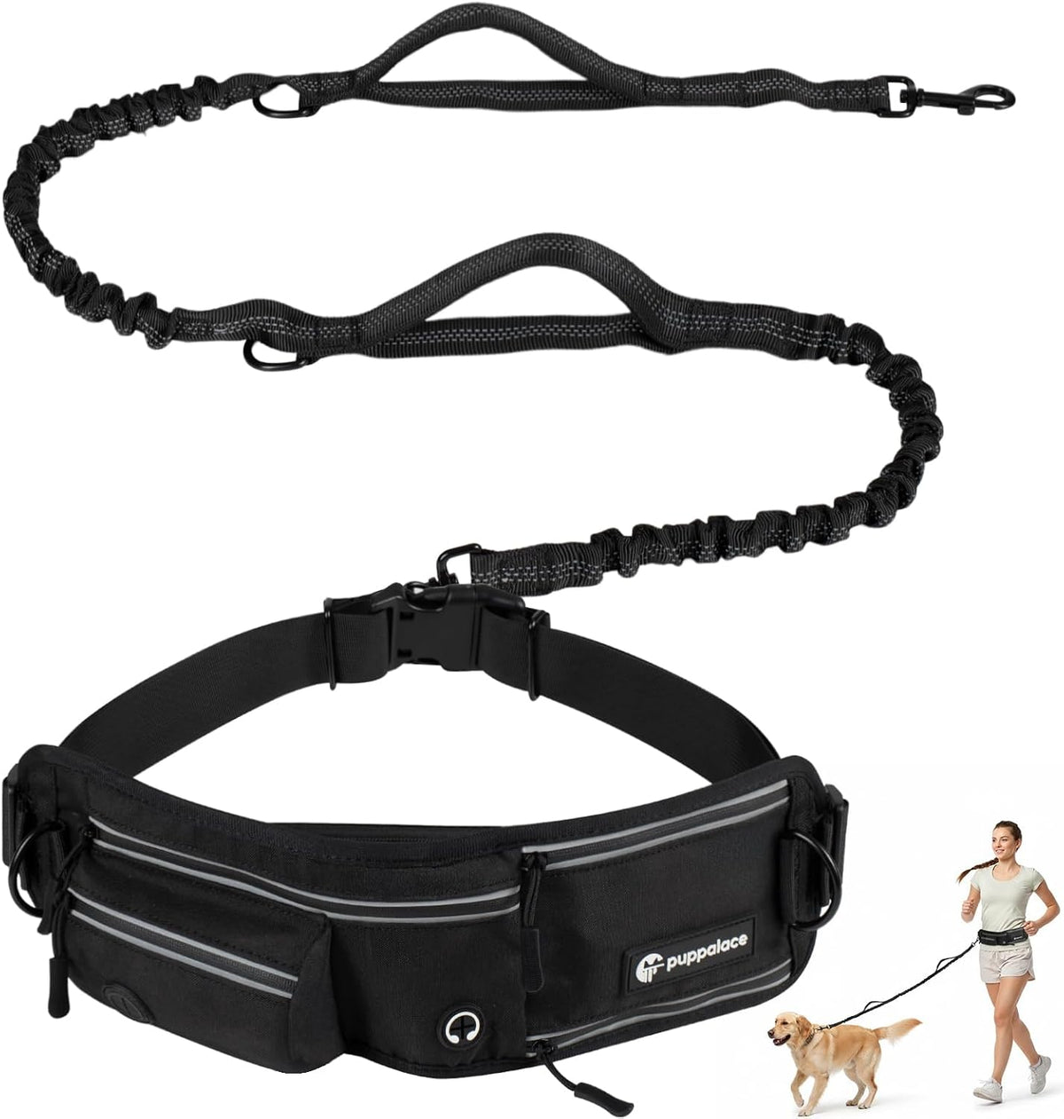Puppalace Hands Free Dog Leash with Waist Pack Bungee for Running | 4 Metal Clips, Reflective Stitching, Shock Absorbing Bungee, Adjustable Waist Belt, 28 to 48 Inch Fit, Zippered Pockets