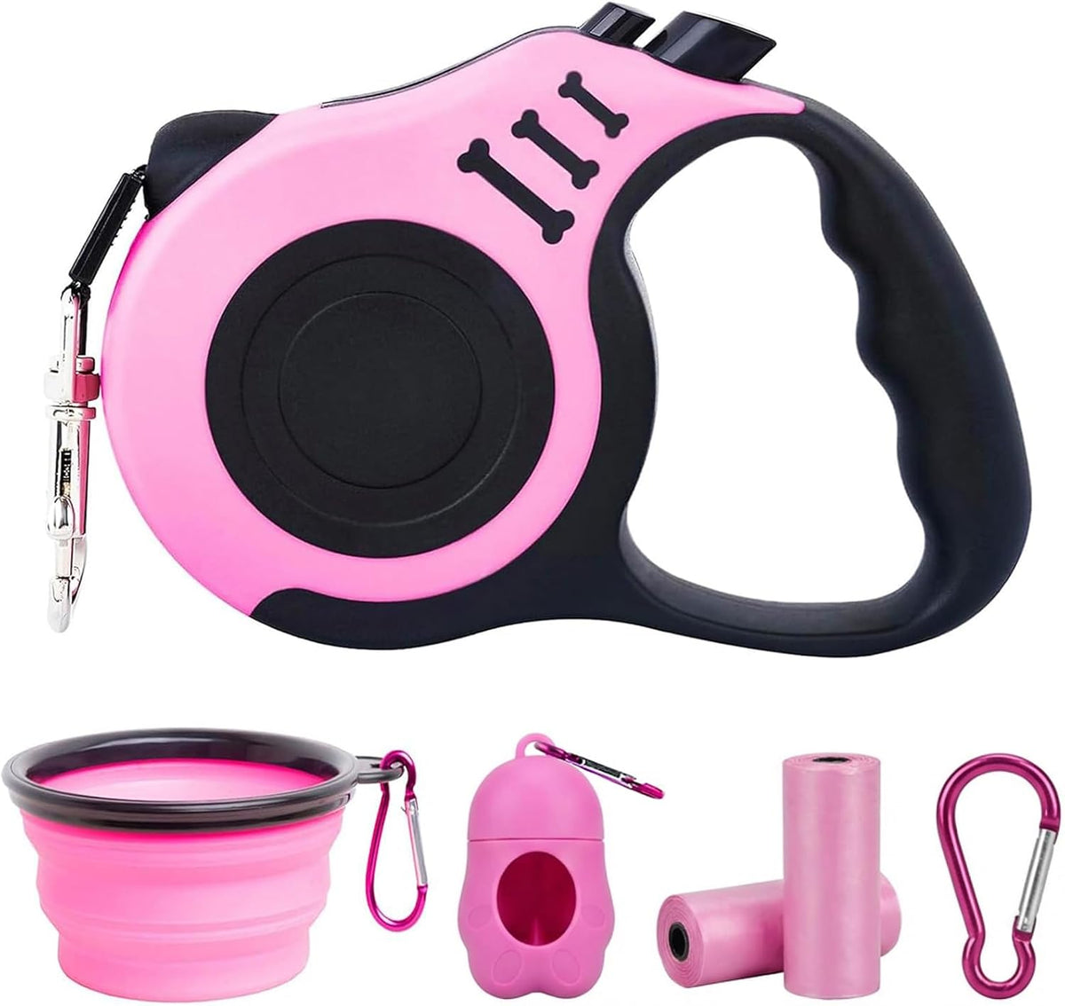 PETIMP Retractable Dog Leash Lightweight 16FT Leash Set | with Folding Bowl, Dispenser, Waste Bags, for Small Medium Dogs (Pink)