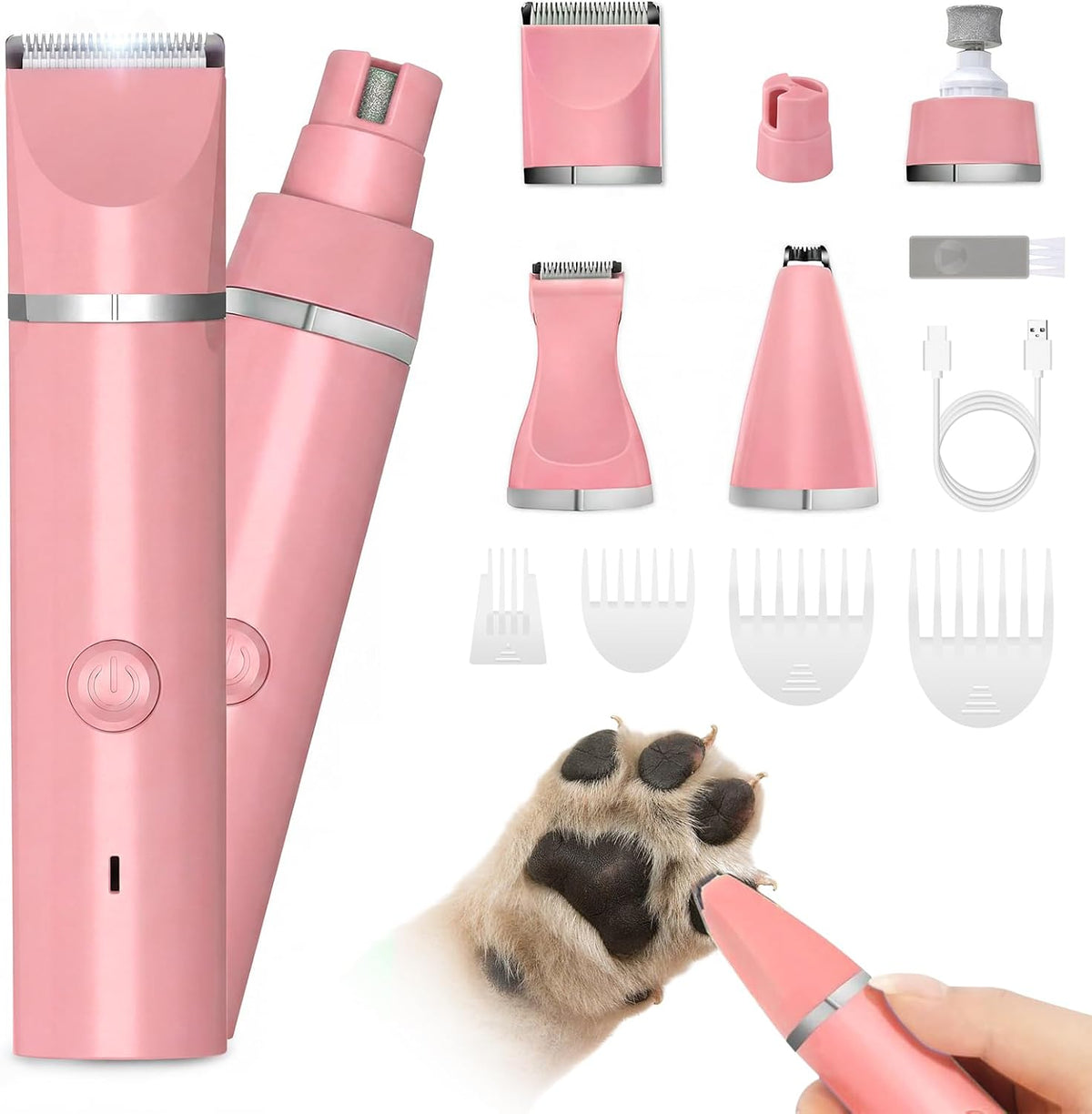 Veeconn 4 in 1 Dog Clippers Grooming Kit with Paw Hair Trimmer for Cat Pet | Low Noise, 7500RPM Powerful, IPX7 Waterproof, Safe & Easy for Beginners, 4 Guide Combs, Cordless Dog Nail Grinder (White)