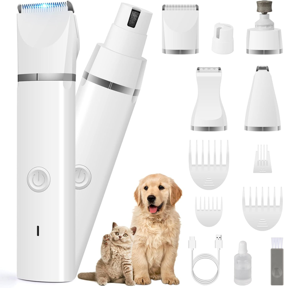 Veeconn 4 in 1 Dog Clippers Grooming Kit with Paw Hair Trimmer for Cat Pet | Low Noise, 7500RPM Powerful, IPX7 Waterproof, Safe & Easy for Beginners, 4 Guide Combs, Cordless Dog Nail Grinder (White)