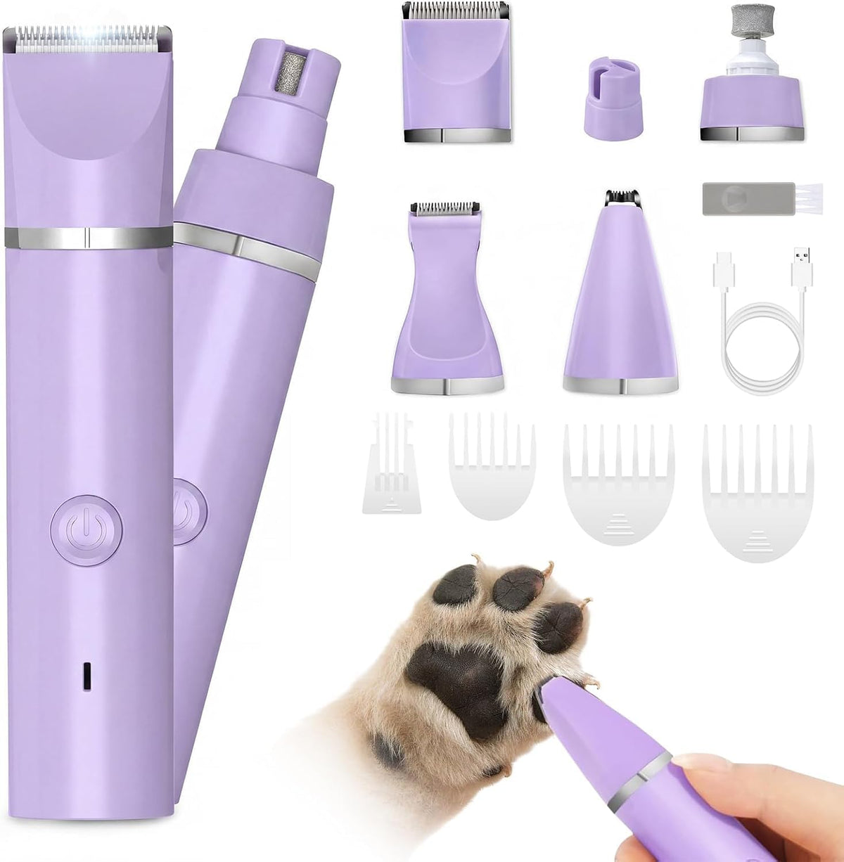 Veeconn 4 in 1 Dog Clippers Grooming Kit with Paw Hair Trimmer for Cat Pet | Low Noise, 7500RPM Powerful, IPX7 Waterproof, Safe & Easy for Beginners, 4 Guide Combs, Cordless Dog Nail Grinder (White)