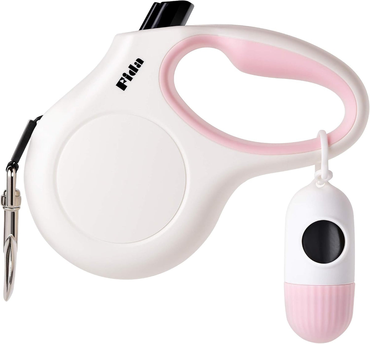 Fida Retractable Dog Leash with Dispenser and Poop Bags, 16ft, White & Pink | Pet Walking Leash for Small Dog or Cat up to 26 lbs, Anti-Slip Handle, Tangle Free, Reflective Nylon Tape