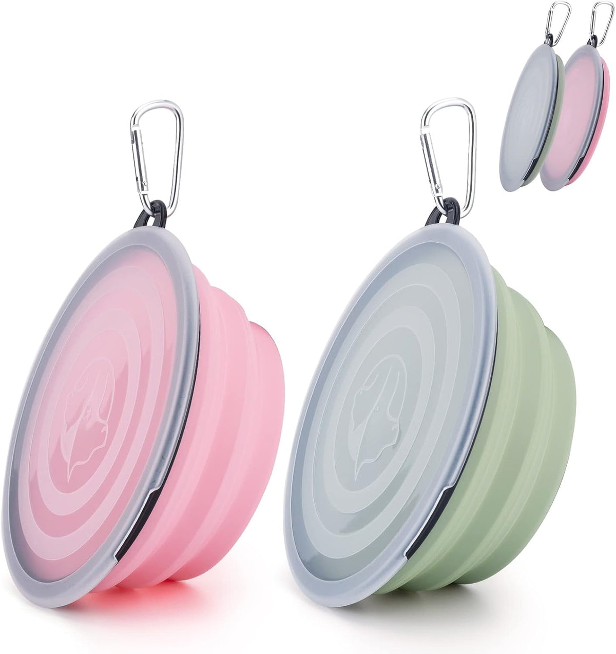SLSON Collapsible Pet Feeder, 2 Pack Dog Bowls with Cover Lids, Portable Foldable Cat Water Dish Bowl for Pets, Small, Fairy Pink and Sprout Green
