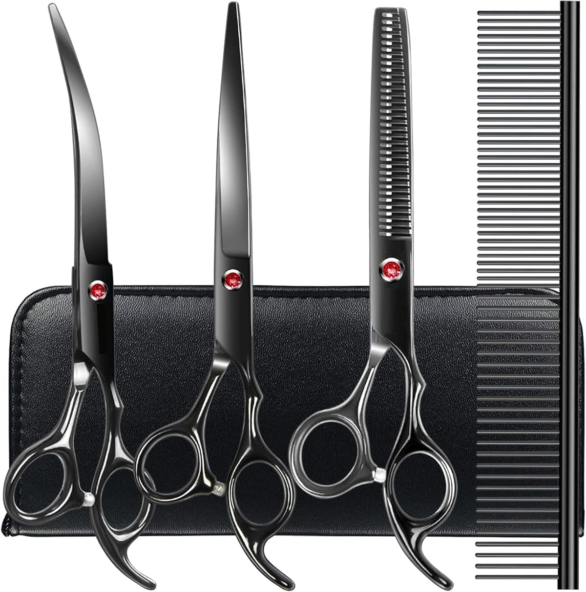TINMARDA Dog Grooming Kit, Professional Stainless Steel Dog Grooming Scissors with Curved Shears, Pink Finger Rings - 4 Piece Sharp Durable Pet Shears for Dogs Cats At Home Salon-Quality Grooming