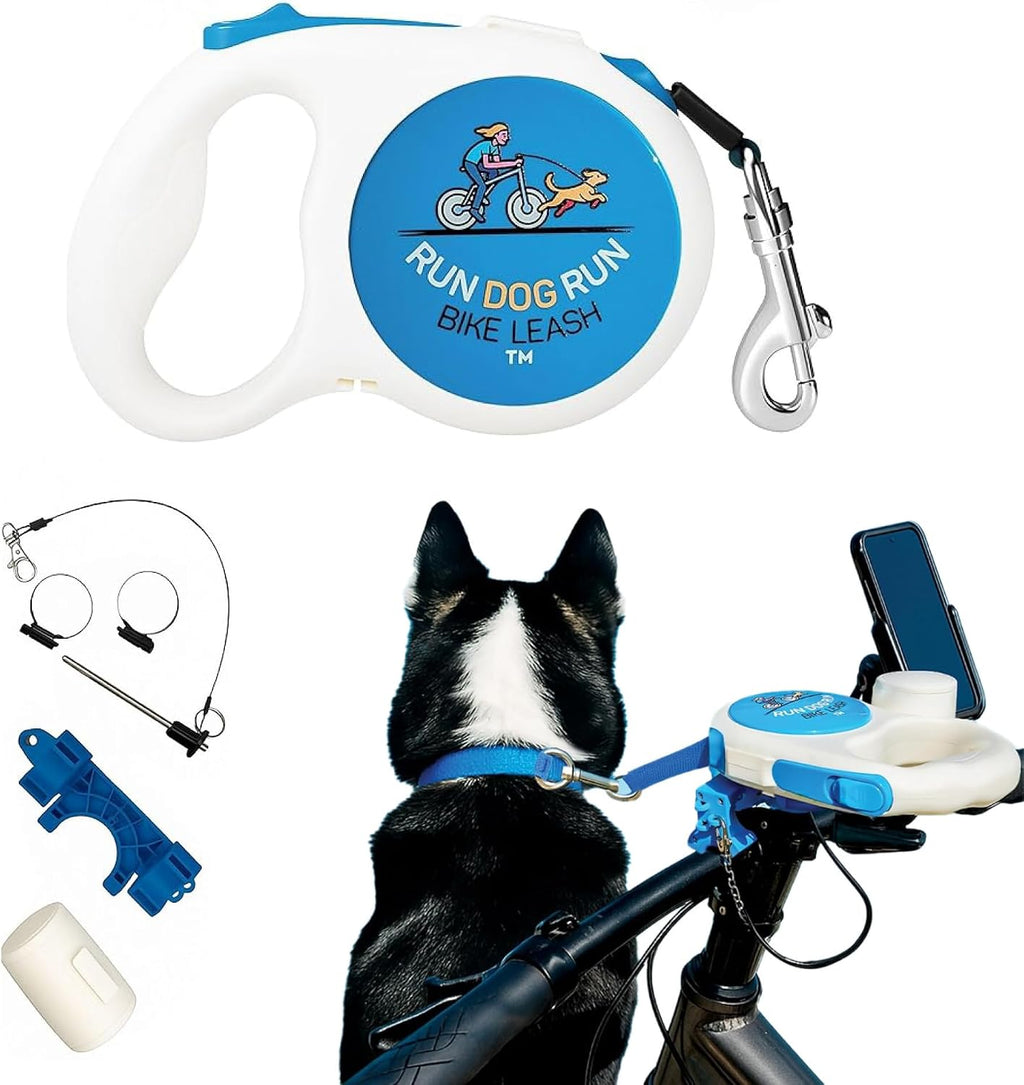 Handlebar Dog Bike Leash, 16 Ft Retractable, Hands Free Cycling & Walking | Handlebar-mounted retractable dog leash for biking that detaches for walking - flashlight slot and poop bag holder included.