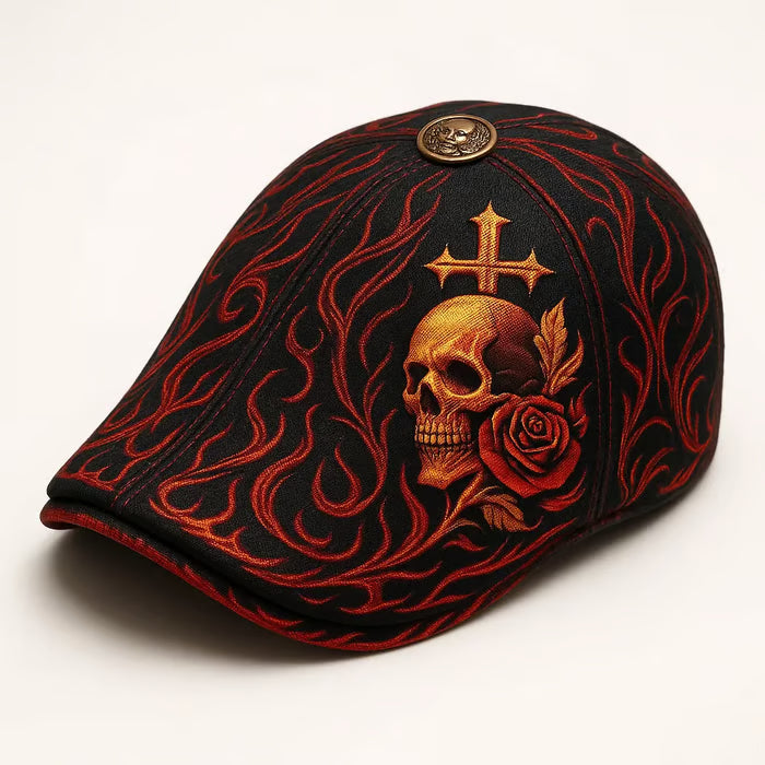 💀Handcrafted Skull & Thorn Flat Cap🎁Buy 2 Free Shipping - BLACK