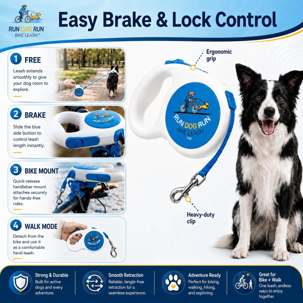 Handlebar Dog Bike Leash, 16 Ft Retractable, Hands Free Cycling & Walking | Handlebar-mounted retractable dog leash for biking that detaches for walking - flashlight slot and poop bag holder included.