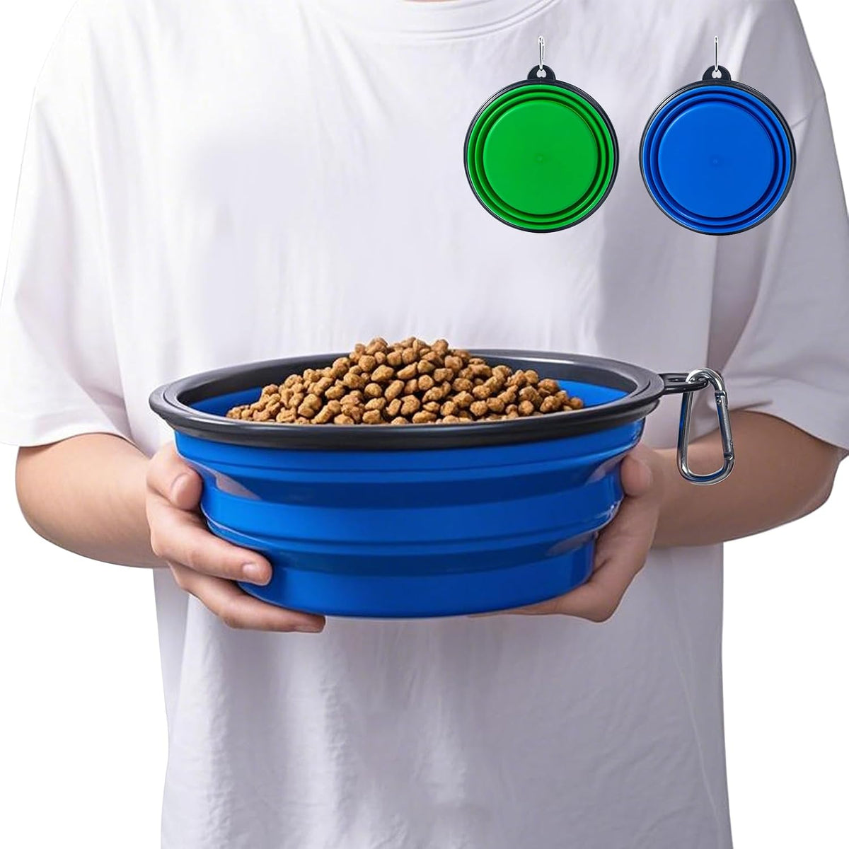 Dog Bowl Pet Collapsible Bowls, 2 Pack for Cats Dogs, Portable Pet Feeding Watering Dish for Walking Parking Traveling with 2 Carabiners (Small, Blue+Green)