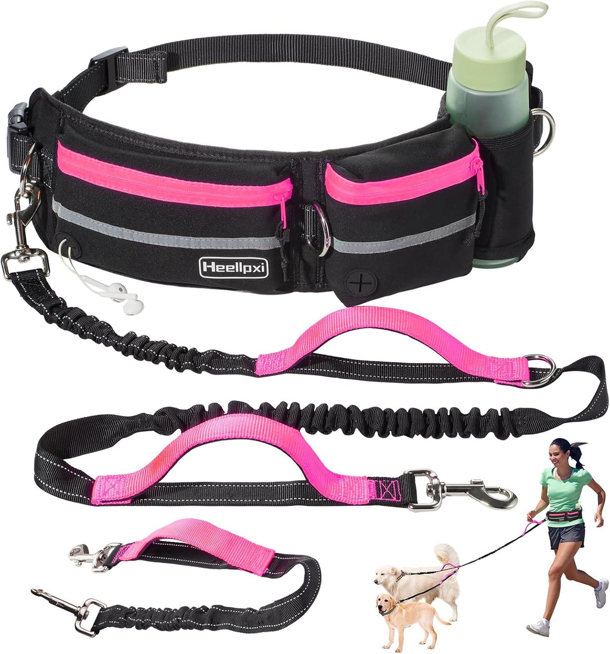Heellpxi Hands-Free Dog Leash with Pouch, Waist Leash for Walking Two Dogs, Reflective Stitching, Dual Handle, Bungee Retractable for Medium to Large Dogs - Pink,Dog Walking Accessories