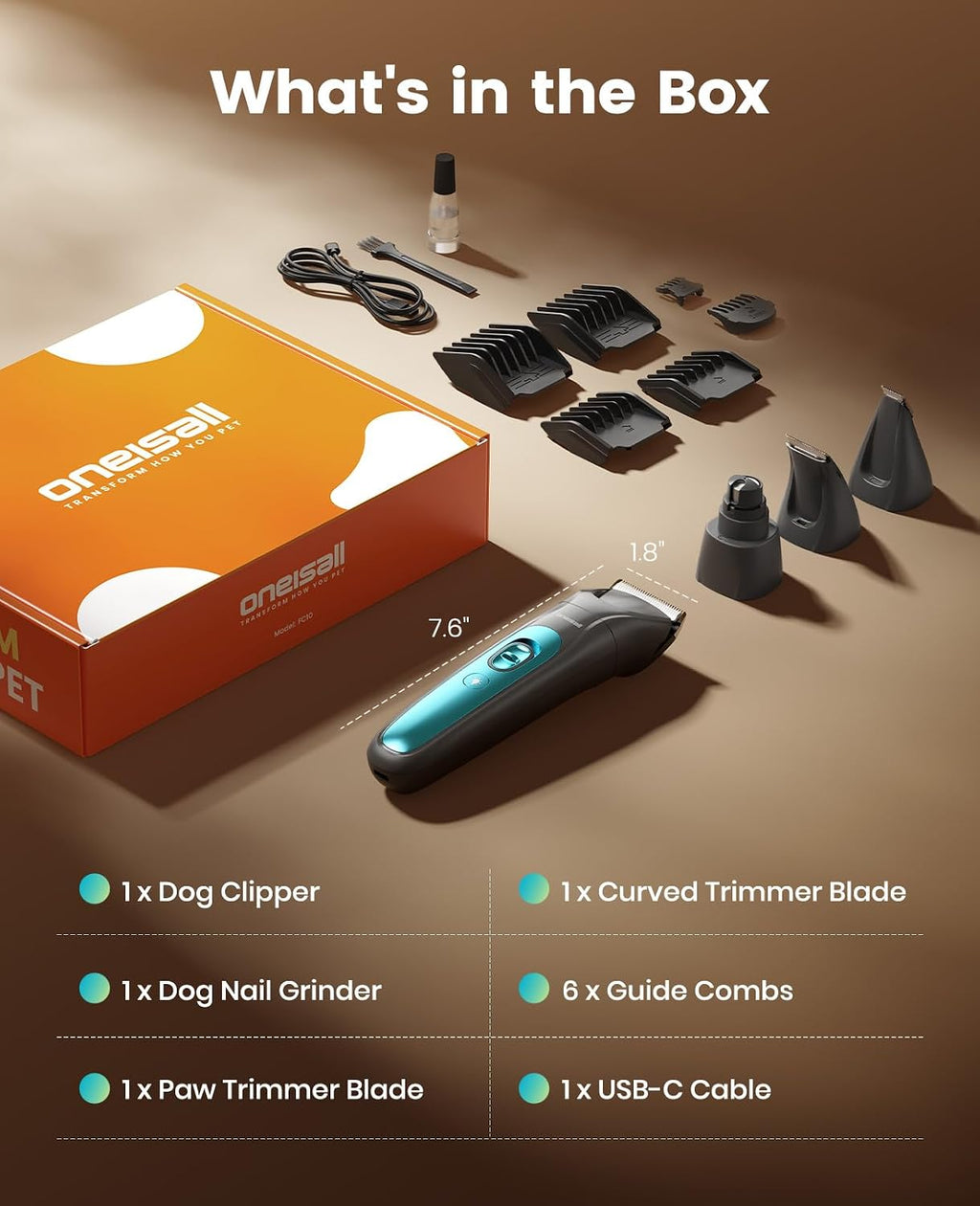 oneisall Professional 4-in-1 Dog Grooming Kit with LED Light | Quiet Clippers & Nail Grinder, Cordless, 3.7 hrs Runtime, LED Display, Safe for Paws, Face, Ears & Body