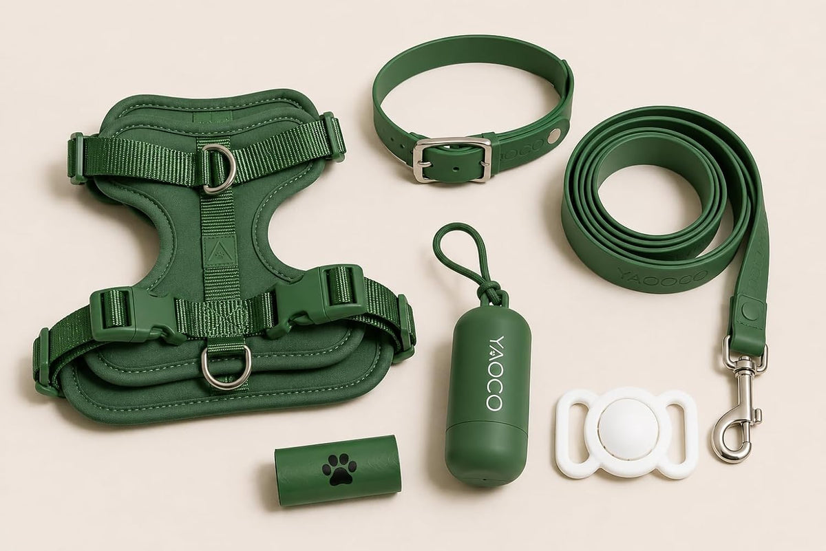 YAOCO Premium Dog Walking Set - 6 Piece Matching Dog Accessory Kit with Adjustable Harness, Collar, Leash, AirTag Holder & Poop Bag Dispenser, (Beige, M)