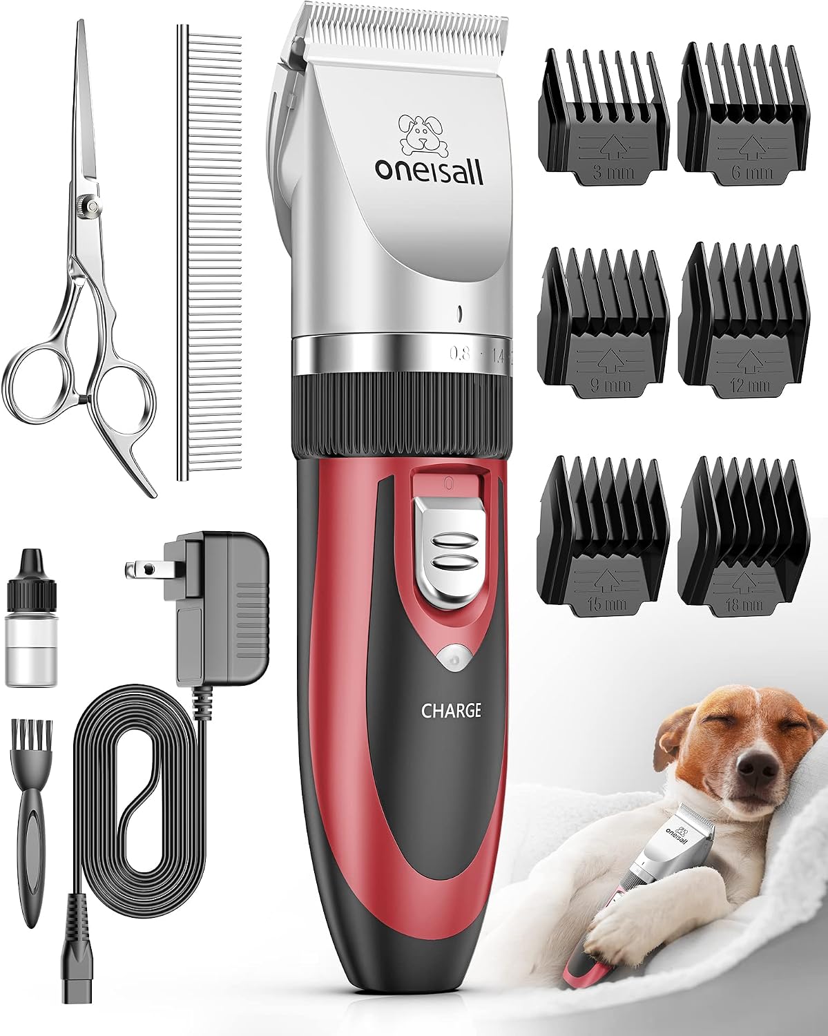 oneisall Low Noise Dog Clippers Grooming Kit for Dogs Cats Pets | Rechargeable Cordless, Long Battery Life, Simple for Beginners, 6 Guide Combs, Removable & Rinsable Blade