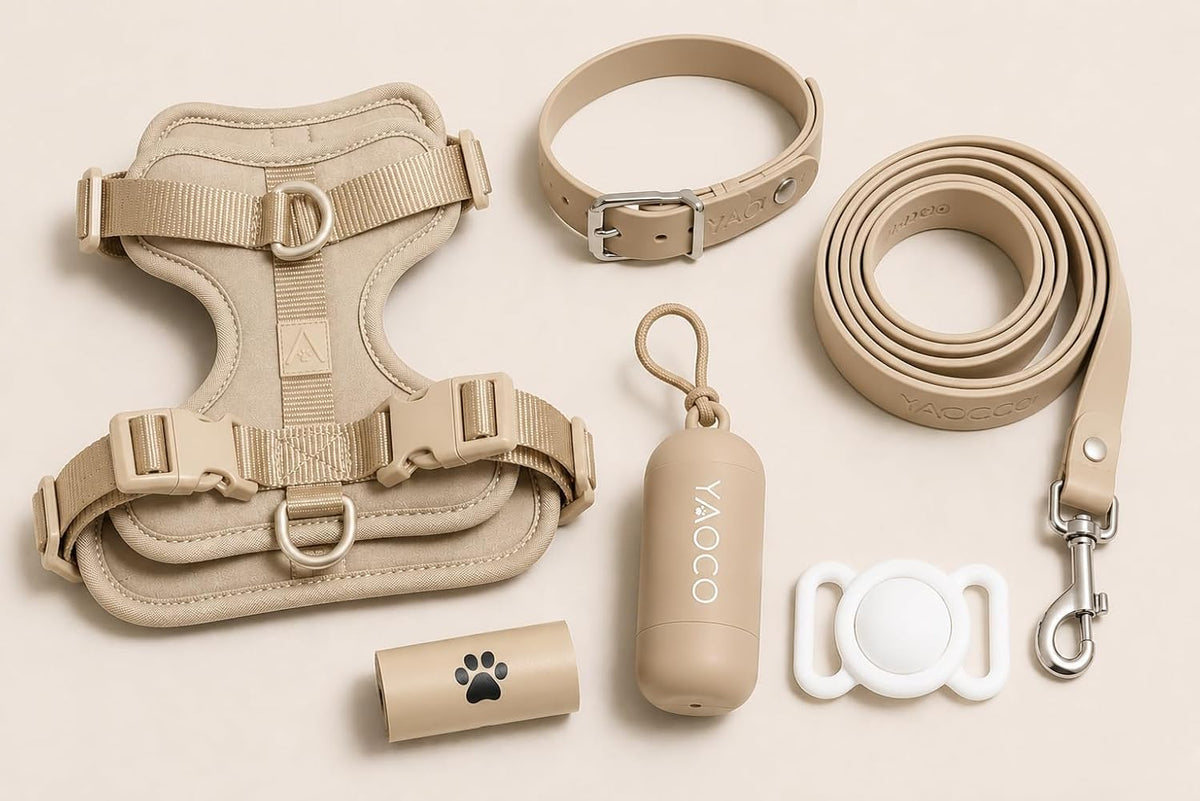 YAOCO Premium Dog Walking Set - 6 Piece Matching Dog Accessory Kit with Adjustable Harness, Collar, Leash, AirTag Holder & Poop Bag Dispenser, (Beige, M)