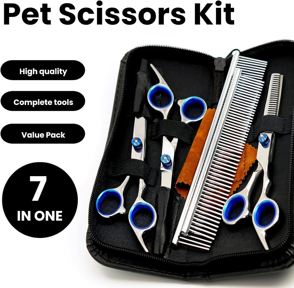 MEDUWEDU 7 in 1 Dog Grooming Scissors Set with Safety Round Head, Sharp and Durable, with Two Stainless Steel Combs, Pet Grooming Scissors for Cats and Dogs