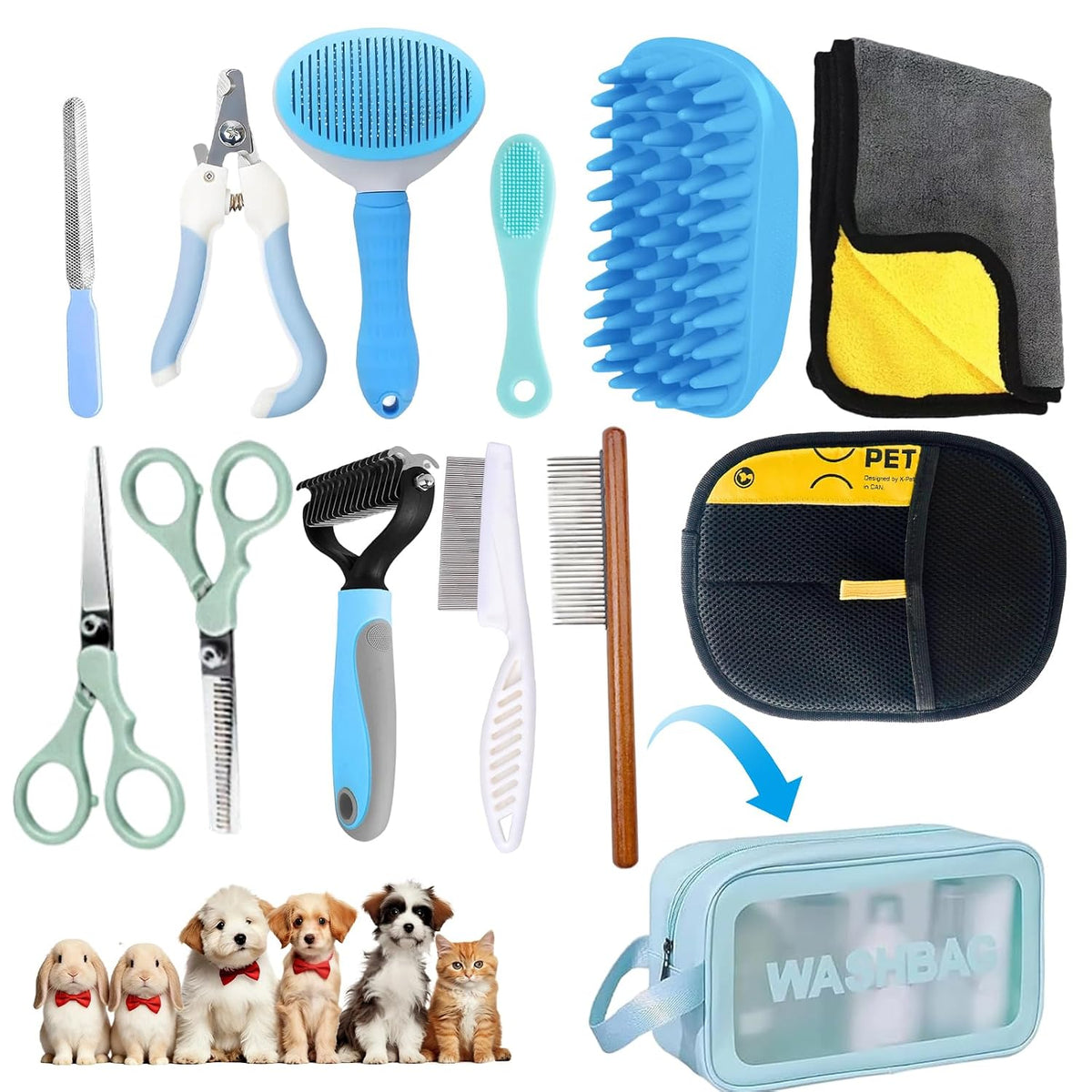 Oromaviela 12PCS Dog Grooming Kit, Grooming Supplies with Self Cleaning Slicker Brush, Dematting Comb, Safety Nail Clippers, for Small Medium Large Dogs Cats Rabbits Long Short Curly Hair(12, blue)