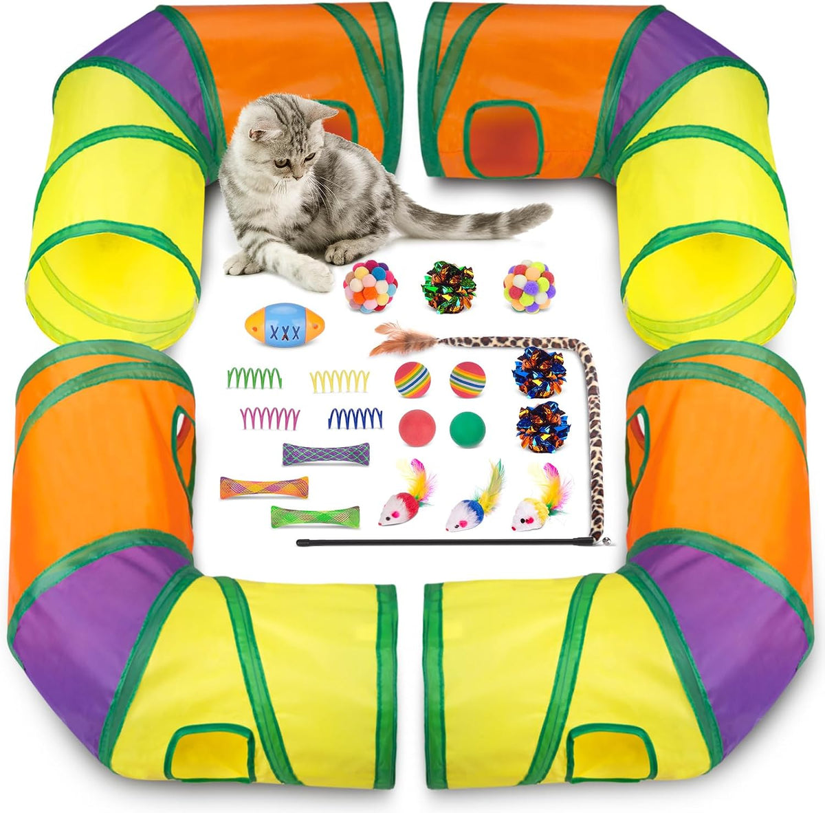 Retro Shaw 33Pcs Cat Toys Pack for Indoor Cats Kitten, with Cube Tunnel | Collapsible, Kitten Toys Interactive Feather Wand Springs Pompom Ball Bell Mice Reduces Boredom & Anxiety