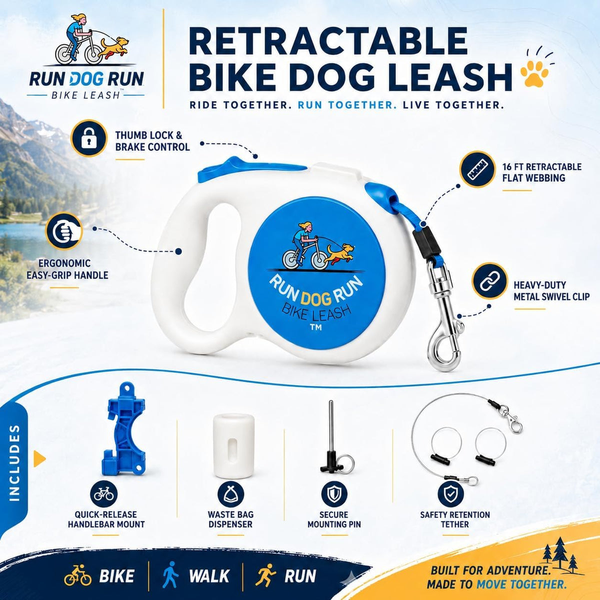 Handlebar Dog Bike Leash, 16 Ft Retractable, Hands Free Cycling & Walking | Handlebar-mounted retractable dog leash for biking that detaches for walking - flashlight slot and poop bag holder included.