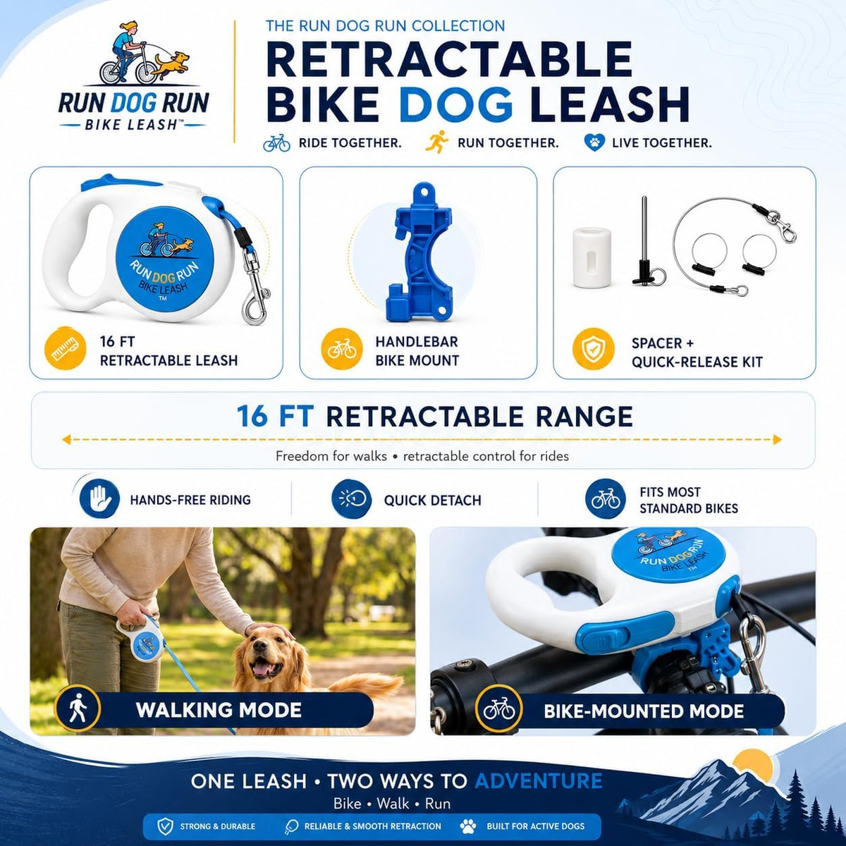 Handlebar Dog Bike Leash, 16 Ft Retractable, Hands Free Cycling & Walking | Handlebar-mounted retractable dog leash for biking that detaches for walking - flashlight slot and poop bag holder included.