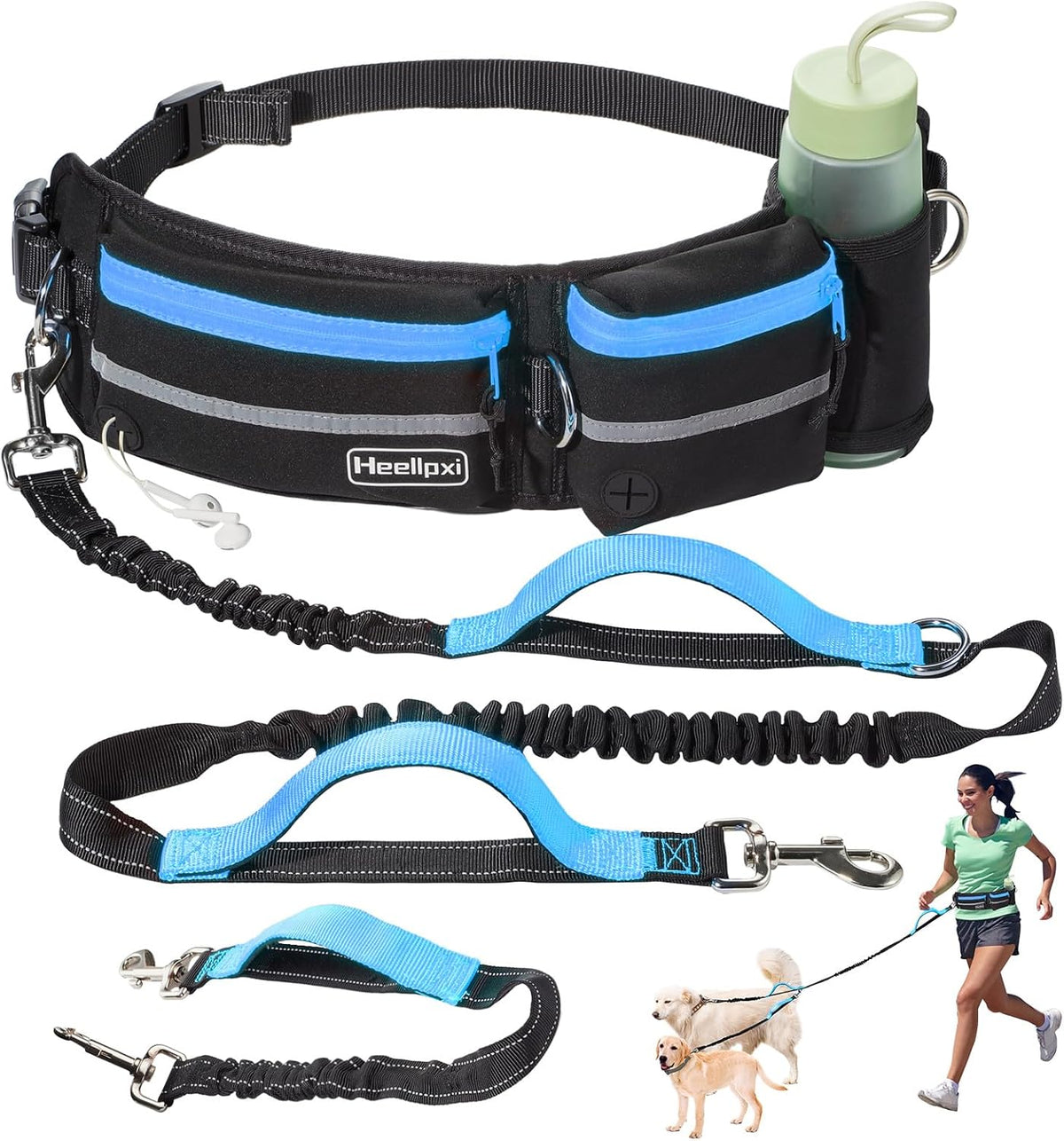 Heellpxi Hands-Free Dog Leash with Pouch, Waist Leash for Walking Two Dogs, Reflective Stitching, Dual Handle, Bungee Retractable for Medium to Large Dogs - Pink,Dog Walking Accessories