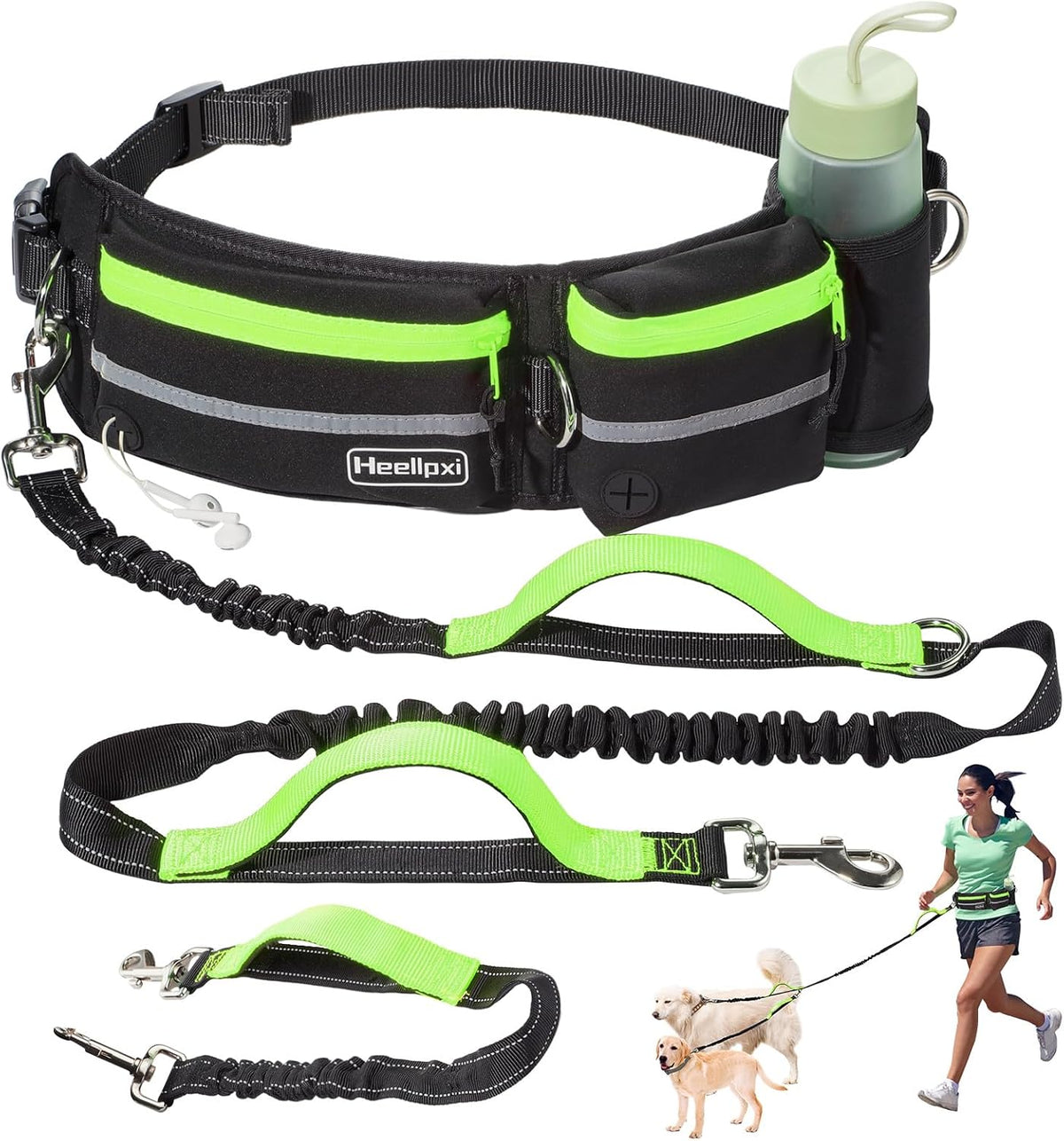 Heellpxi Hands-Free Dog Leash with Pouch, Waist Leash for Walking Two Dogs, Reflective Stitching, Dual Handle, Bungee Retractable for Medium to Large Dogs - Pink,Dog Walking Accessories