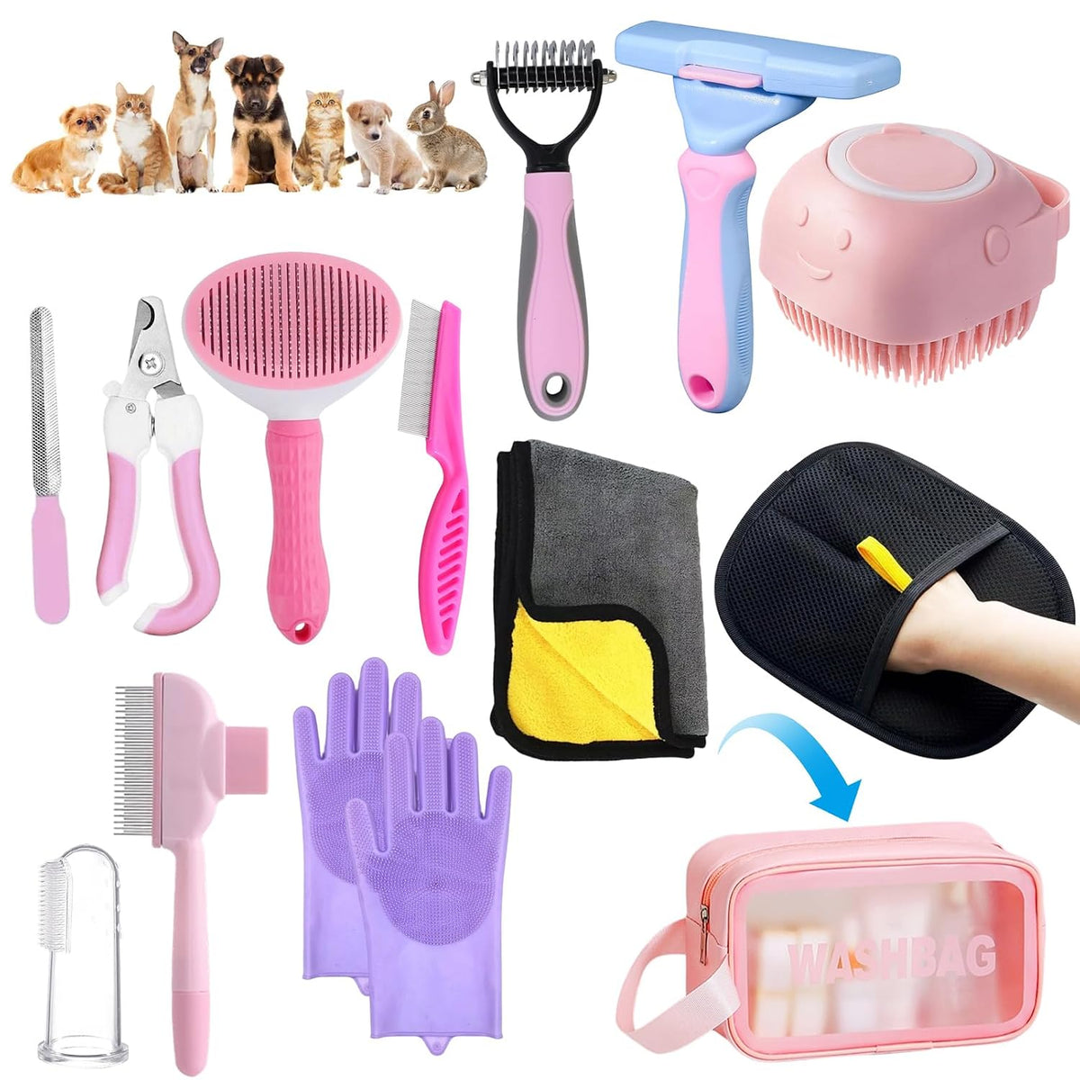 Oromaviela 12PCS Dog Grooming Kit, Grooming Supplies with Self Cleaning Slicker Brush, Dematting Comb, Safety Nail Clippers, for Small Medium Large Dogs Cats Rabbits Long Short Curly Hair(12, blue)