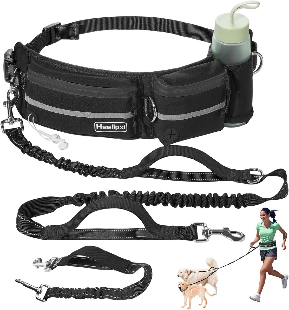 Heellpxi Hands-Free Dog Leash with Pouch, Waist Leash for Walking Two Dogs, Reflective Stitching, Dual Handle, Bungee Retractable for Medium to Large Dogs - Pink,Dog Walking Accessories