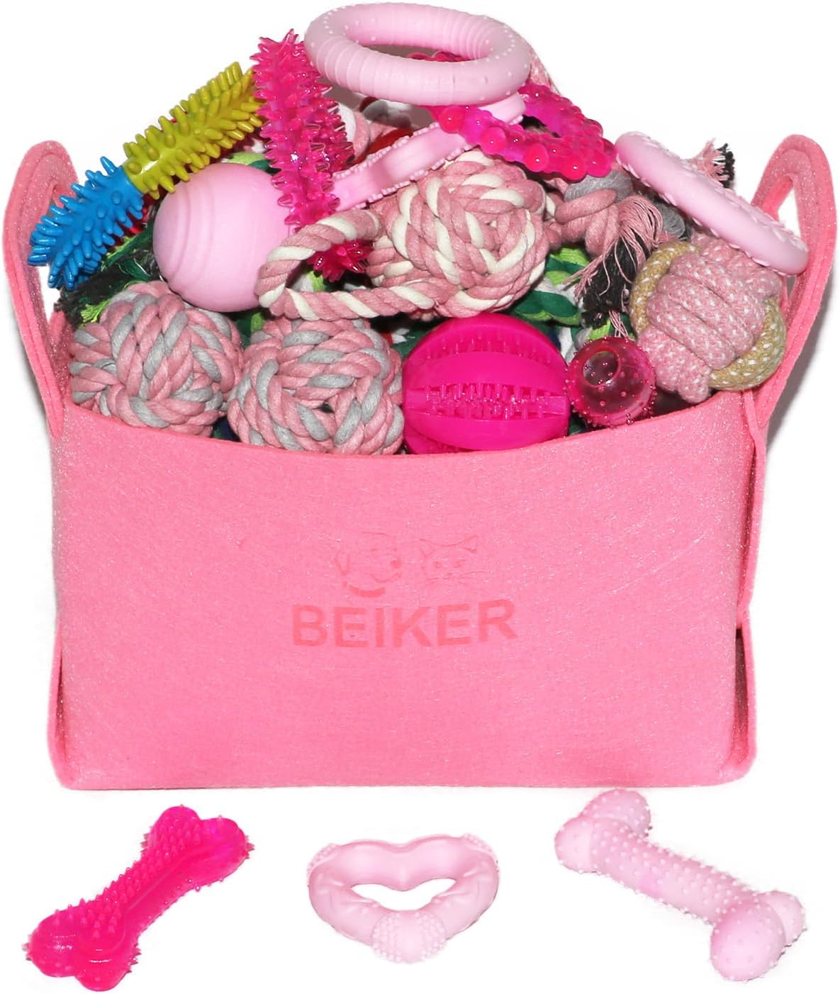 Beiker 20 Pack Pink Puppy Chew Toys, Dog Teething Toys for Puppies | Puppy Teething Rings and Ropes for Small Dogs, Rubber Toy Bundle for Puppy Busy, Cute Interactive Pet Balls for Small Breed