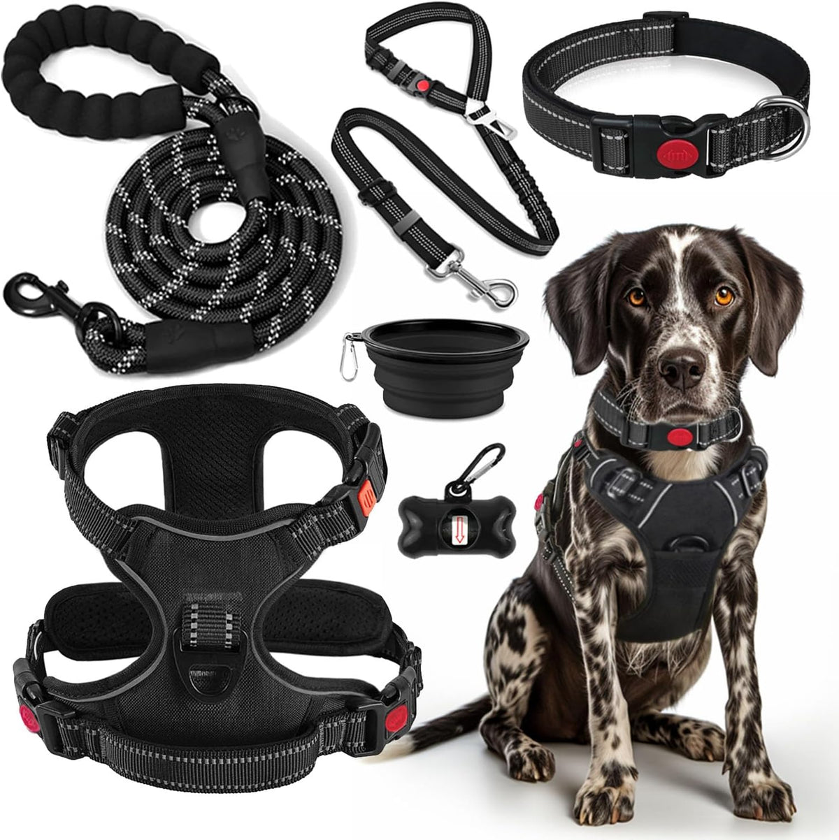 LOBEVE No Pull Dog Harness, Collar & Leash Set with Travel Accessories | Includes Dog Seat Belt, Collapsible Bowls & Poop Bag Dispenser. Ideal for Training, Walking, Hiking. Fits Small to Large Dogs
