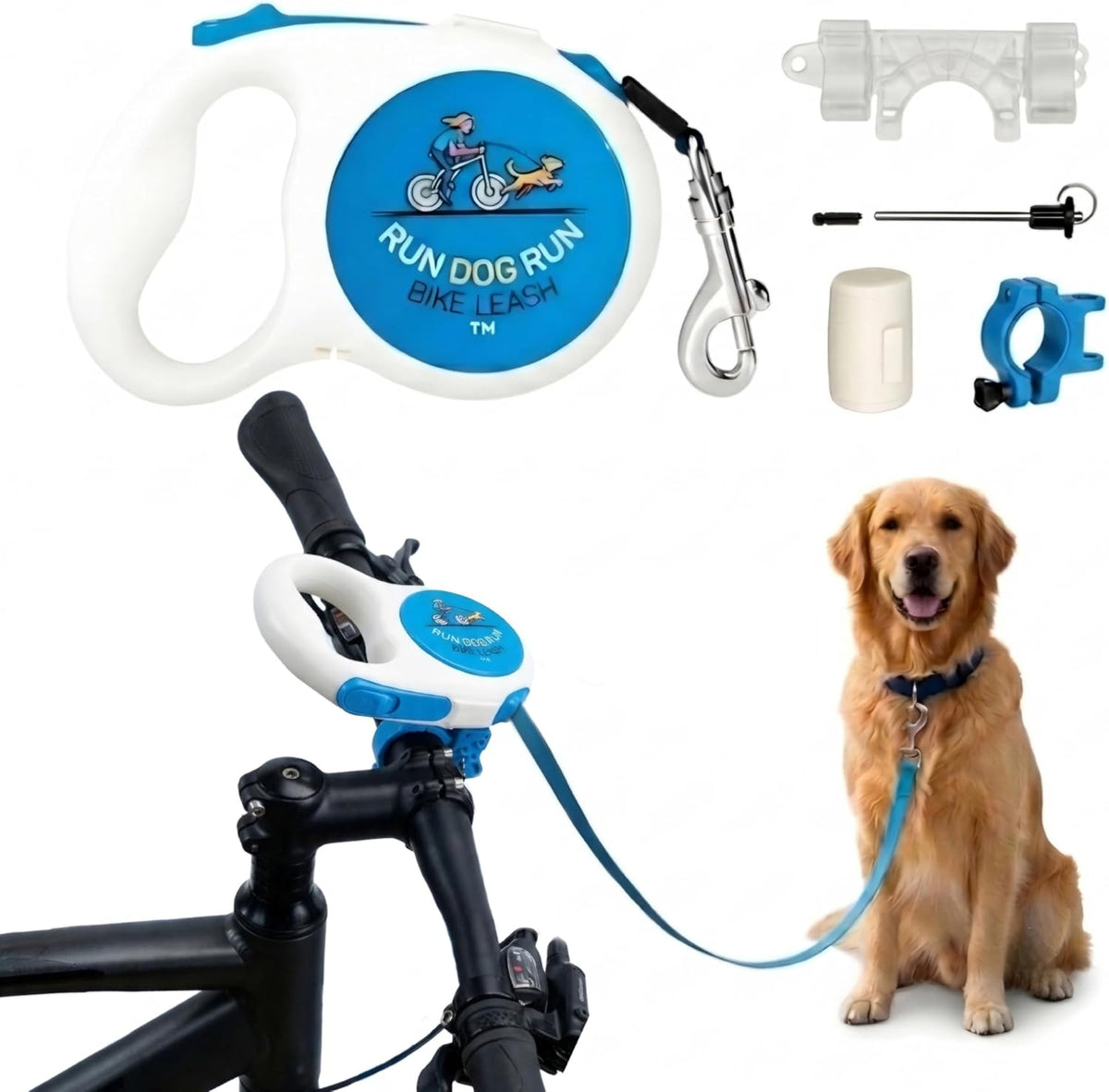 Handlebar Dog Bike Leash, 16 Ft Retractable, Hands Free Cycling & Walking | Handlebar-mounted retractable dog leash for biking that detaches for walking - flashlight slot and poop bag holder included.