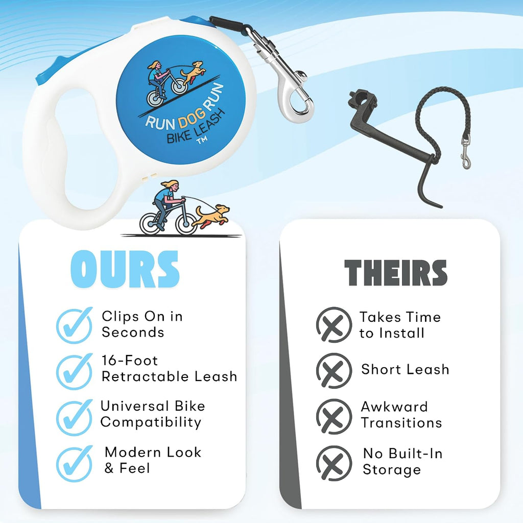 Handlebar Dog Bike Leash, 16 Ft Retractable, Hands Free Cycling & Walking | Handlebar-mounted retractable dog leash for biking that detaches for walking - flashlight slot and poop bag holder included.