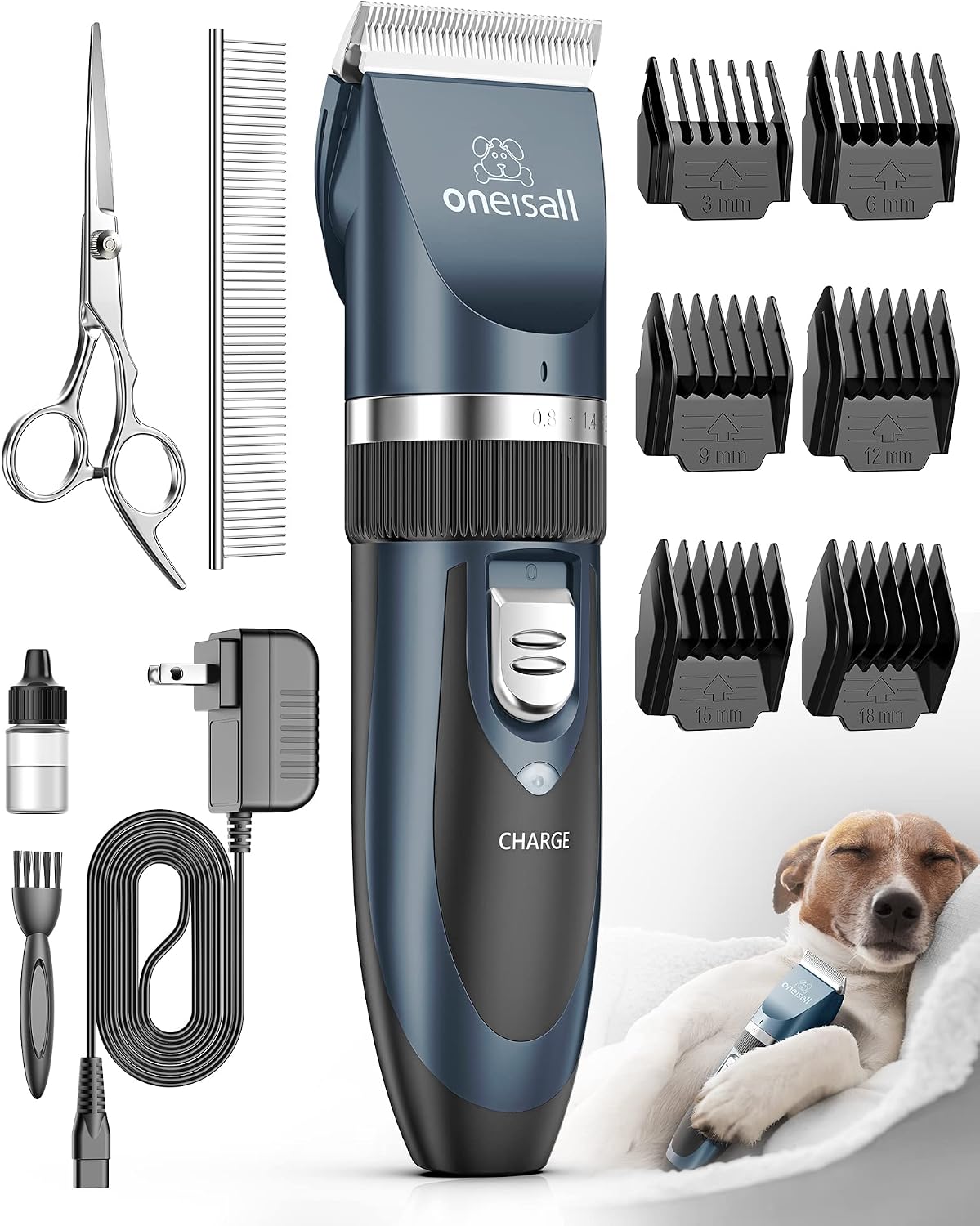 oneisall Low Noise Dog Clippers Grooming Kit for Dogs Cats Pets | Rechargeable Cordless, Long Battery Life, Simple for Beginners, 6 Guide Combs, Removable & Rinsable Blade