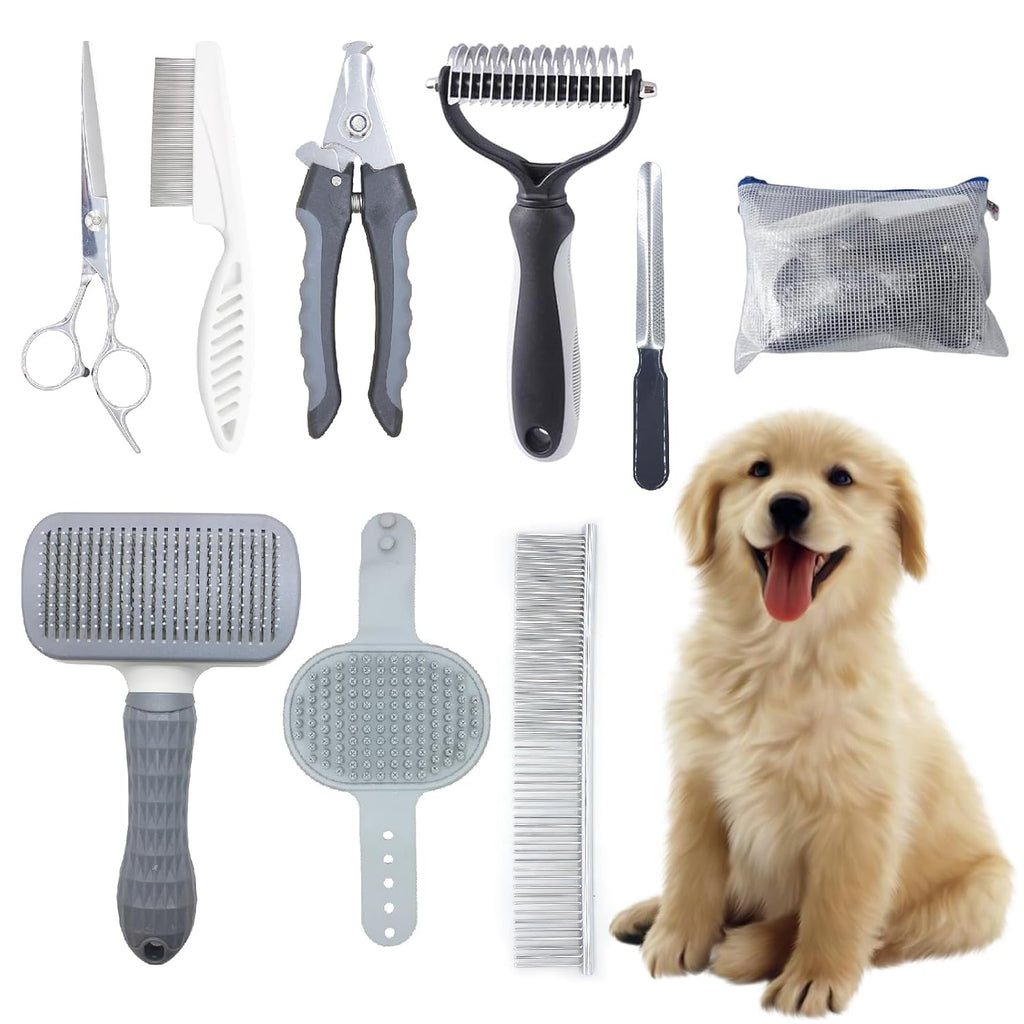 Dog Brush & Pet Grooming Kit – Deshedding Brush, Slicker Brush, Dematting Comb, Bath Brush, Scissors, Nail Clipper for Dogs & Cats – Complete Grooming Kit for Shedding, Matted Hair, Bathing & Paw Care