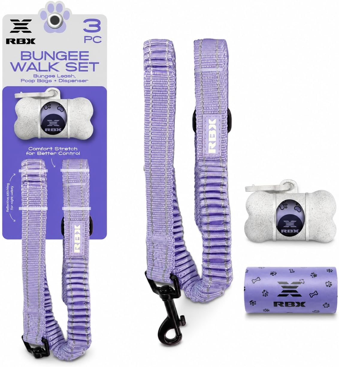 RBX Bungee Leash for Dogs with Reflective Stitching, 3-Piece Shock Absorbing Dog Walking Set with Poop Bags and Bone-Shaped Dispenser for Daily Walks, Training and Outdoor Adventures