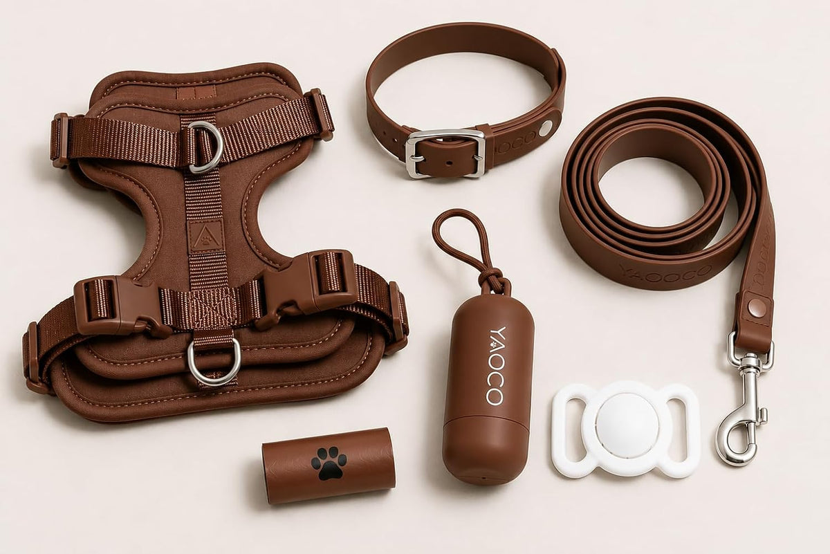 YAOCO Premium Dog Walking Set - 6 Piece Matching Dog Accessory Kit with Adjustable Harness, Collar, Leash, AirTag Holder & Poop Bag Dispenser, (Beige, M)