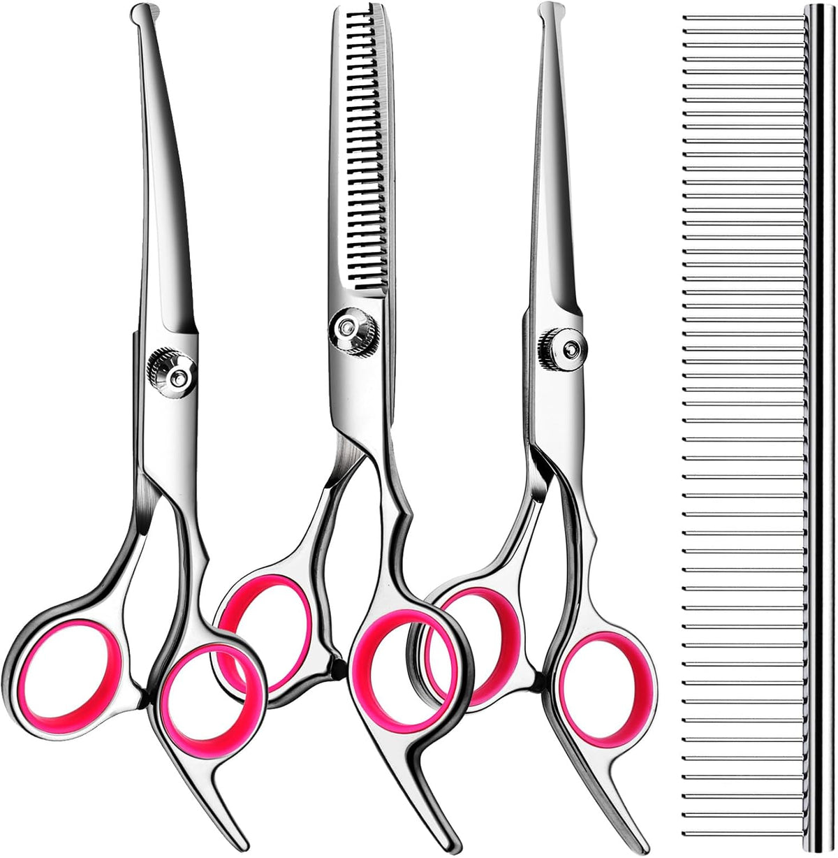 TINMARDA Dog Grooming Kit, Professional Stainless Steel Dog Grooming Scissors with Curved Shears, Pink Finger Rings - 4 Piece Sharp Durable Pet Shears for Dogs Cats At Home Salon-Quality Grooming