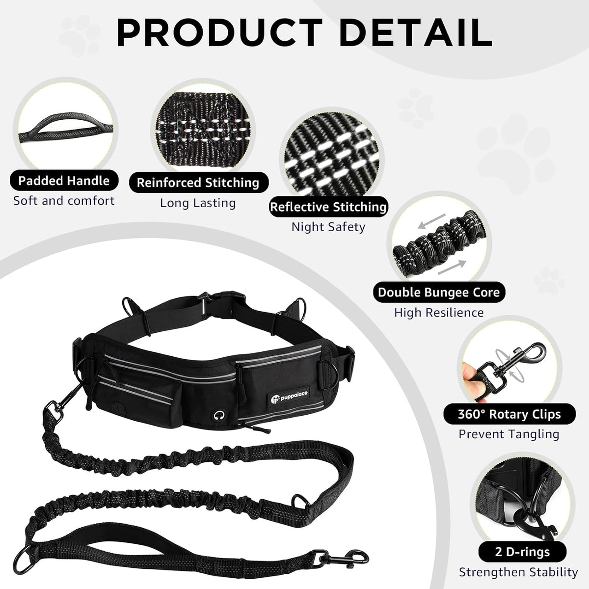Puppalace Hands Free Dog Leash with Waist Pack Bungee for Running | 4 Metal Clips, Reflective Stitching, Shock Absorbing Bungee, Adjustable Waist Belt, 28 to 48 Inch Fit, Zippered Pockets