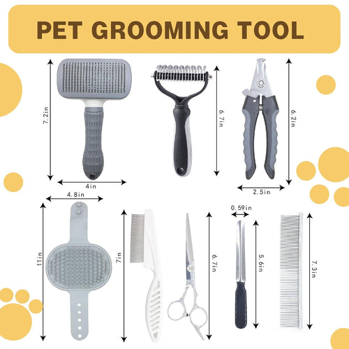 Dog Brush & Pet Grooming Kit – Deshedding Brush, Slicker Brush, Dematting Comb, Bath Brush, Scissors, Nail Clipper for Dogs & Cats – Complete Grooming Kit for Shedding, Matted Hair, Bathing & Paw Care