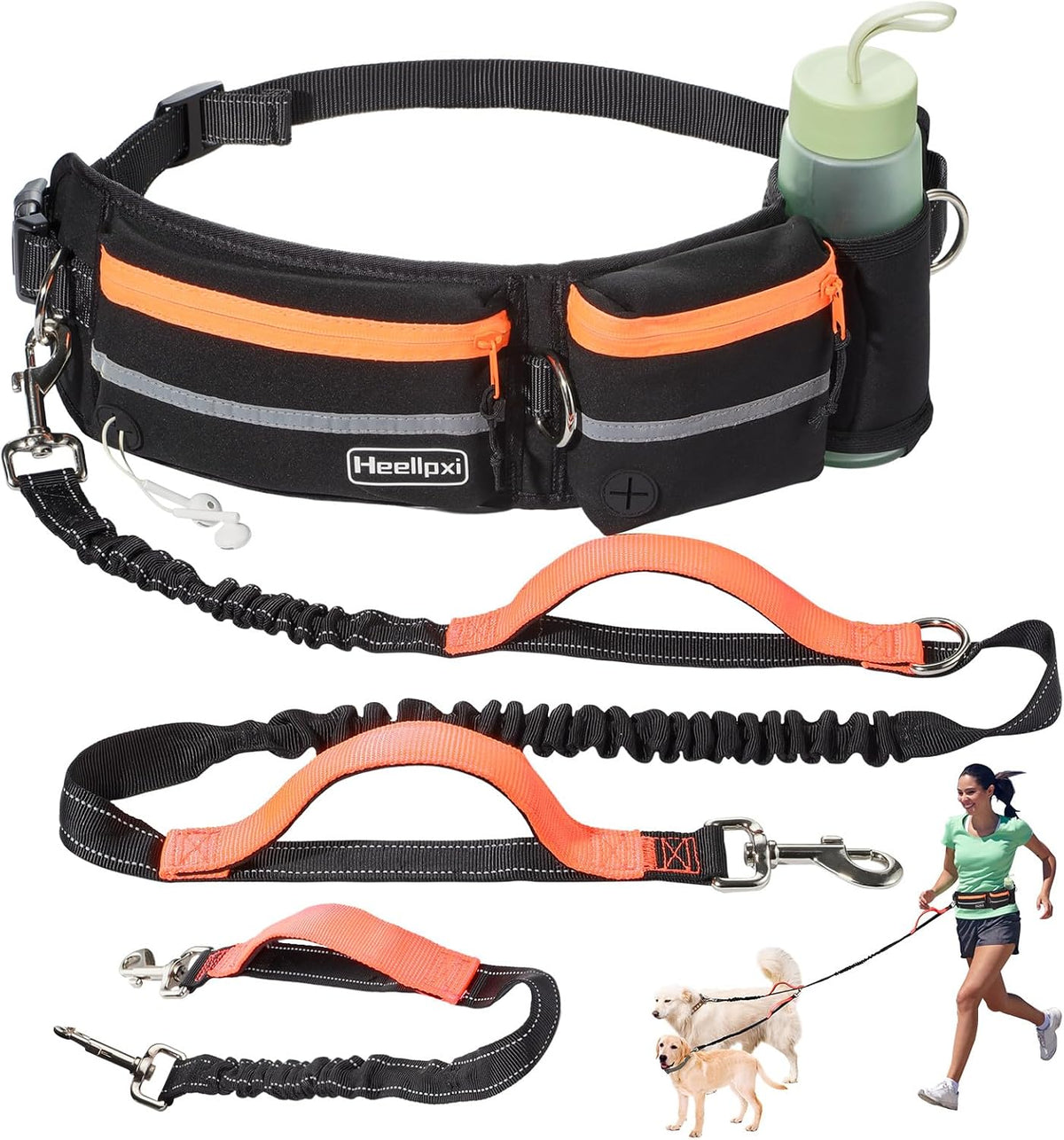 Heellpxi Hands-Free Dog Leash with Pouch, Waist Leash for Walking Two Dogs, Reflective Stitching, Dual Handle, Bungee Retractable for Medium to Large Dogs - Pink,Dog Walking Accessories