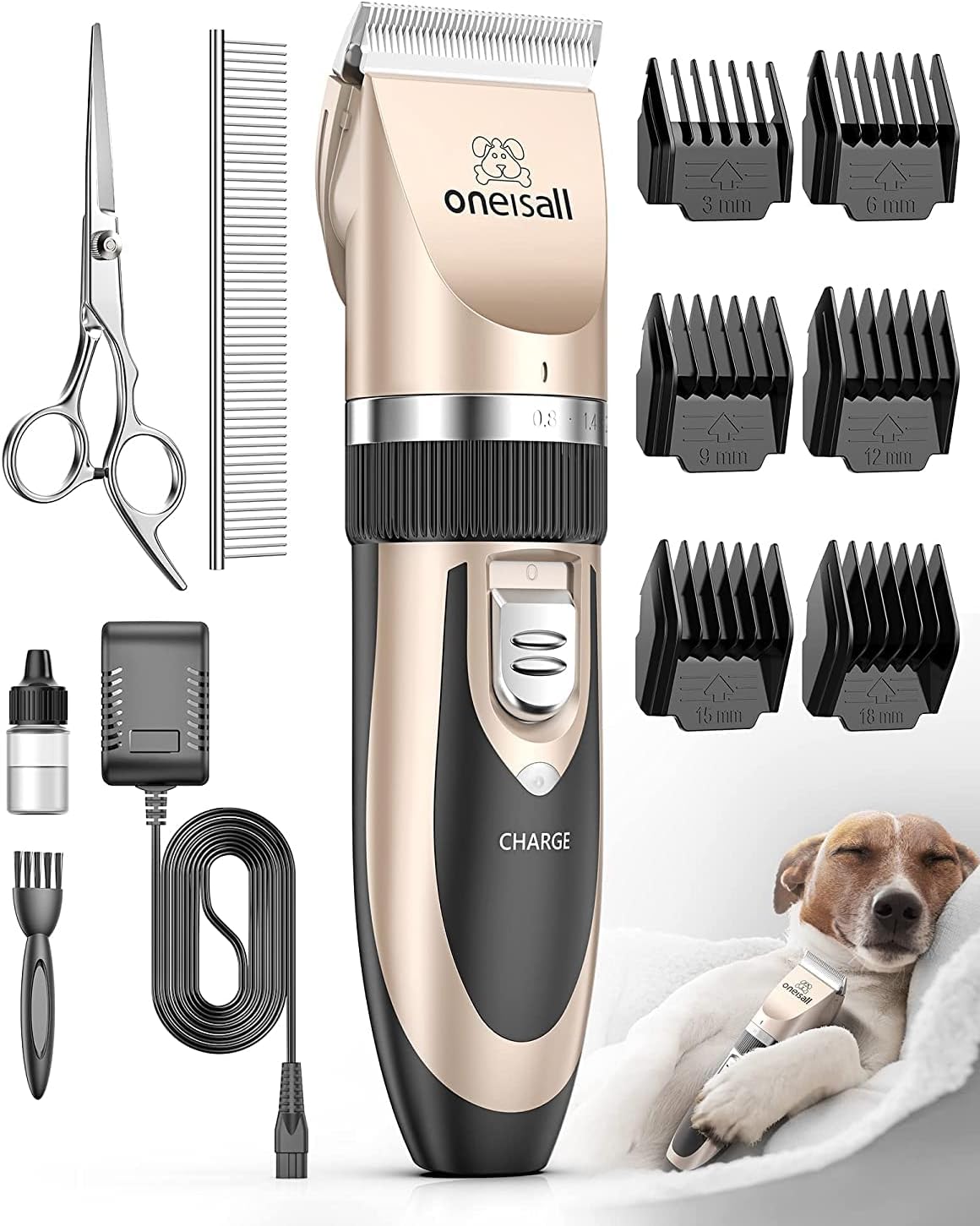 oneisall Low Noise Dog Clippers Grooming Kit for Dogs Cats Pets | Rechargeable Cordless, Long Battery Life, Simple for Beginners, 6 Guide Combs, Removable & Rinsable Blade