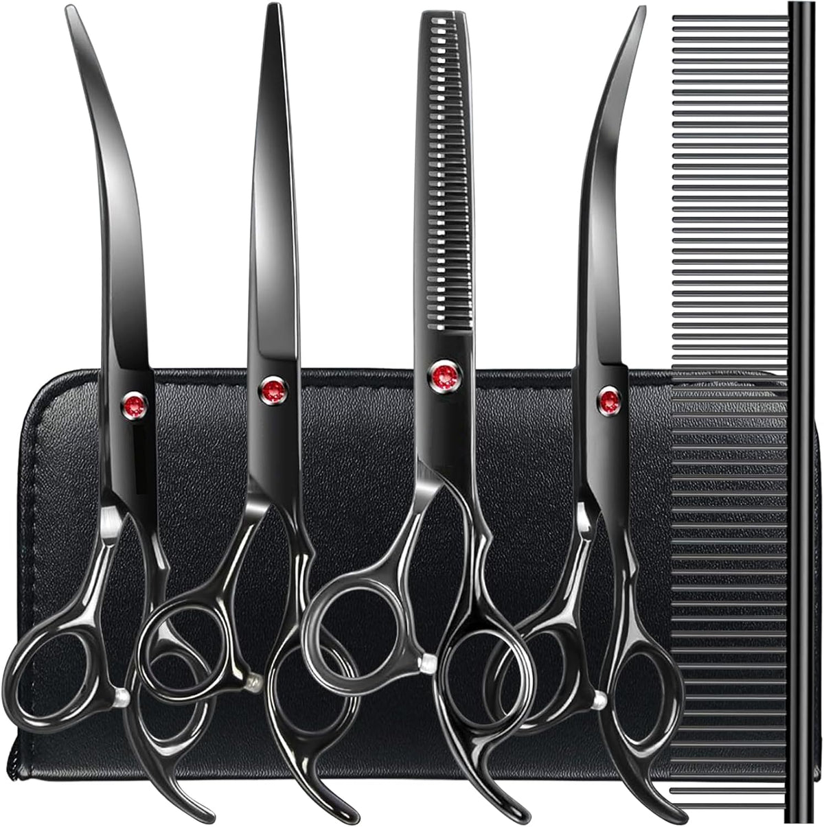 TINMARDA Dog Grooming Kit, Professional Stainless Steel Dog Grooming Scissors with Curved Shears, Pink Finger Rings - 4 Piece Sharp Durable Pet Shears for Dogs Cats At Home Salon-Quality Grooming