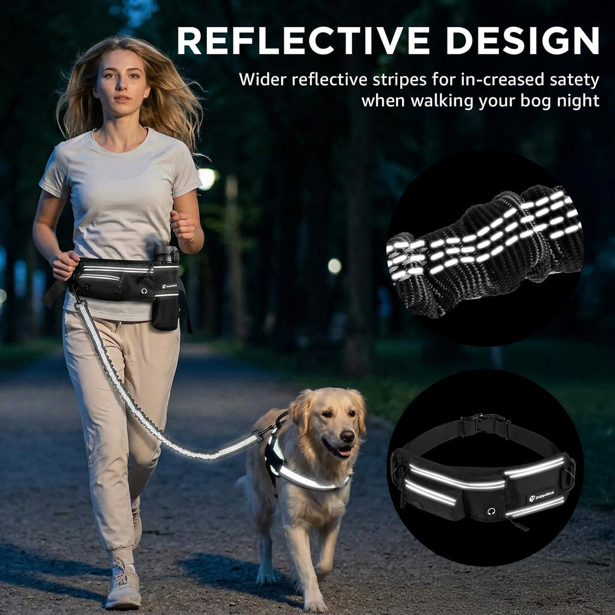 Puppalace Hands Free Dog Leash with Waist Pack Bungee for Running | 4 Metal Clips, Reflective Stitching, Shock Absorbing Bungee, Adjustable Waist Belt, 28 to 48 Inch Fit, Zippered Pockets