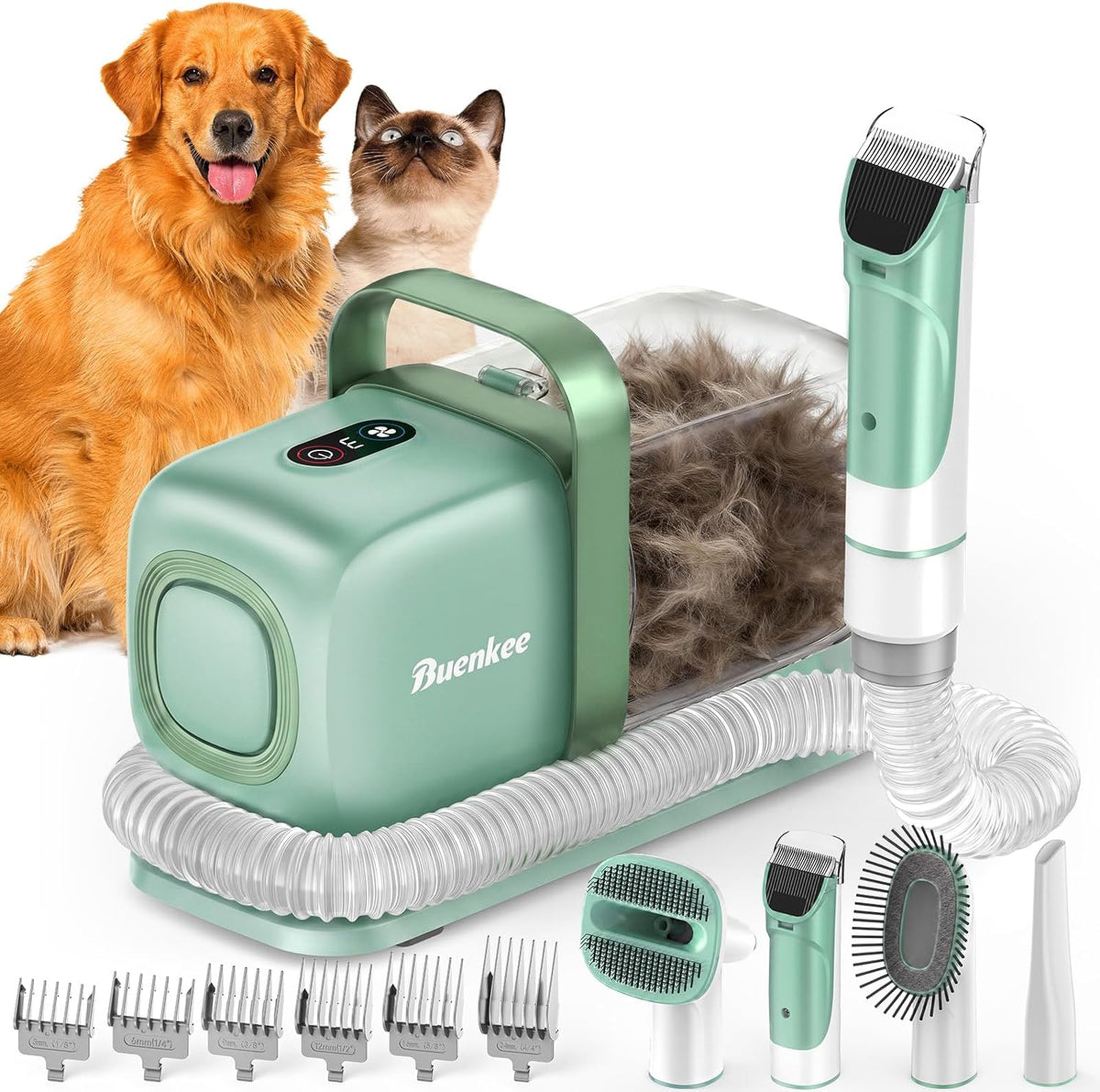 Buenkee Dog Grooming Vacuum Kit, 15000Pa Clipper, Shedding Brush, 2L, White | Brush, trim and deshed at home with less flying fur, mess-control suction and fewer emptying breaks during longer sessions