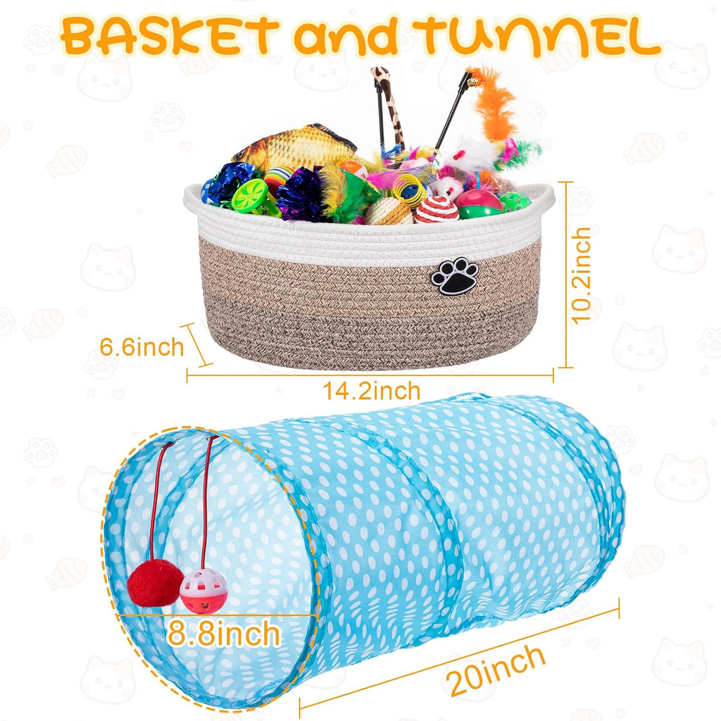 Leitee 38 Pcs Cat Storage Basket Gift Toy Set Kitten Toys, Including 2 Way Tunnel, Bell Crinkle Balls Spring Feather Teaser Sisal Ball Simulated Fish, Interactive for Indoor Pet