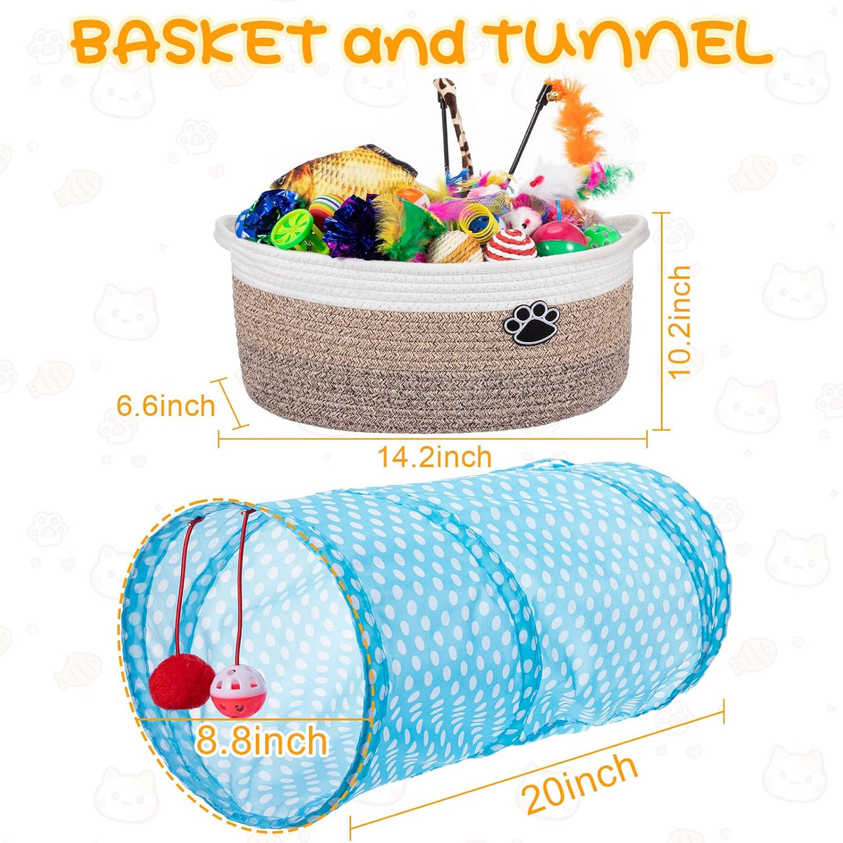 Leitee 38 Pcs Cat Storage Basket Gift Toy Set Kitten Toys, Including 2 Way Tunnel, Bell Crinkle Balls Spring Feather Teaser Sisal Ball Simulated Fish, Interactive for Indoor Pet