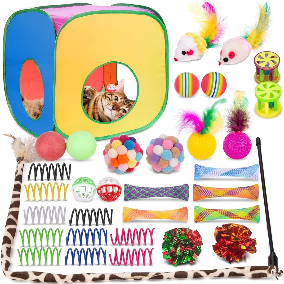 Retro Shaw 33Pcs Cat Toys Pack for Indoor Cats Kitten, with Cube Tunnel | Collapsible, Kitten Toys Interactive Feather Wand Springs Pompom Ball Bell Mice Reduces Boredom & Anxiety